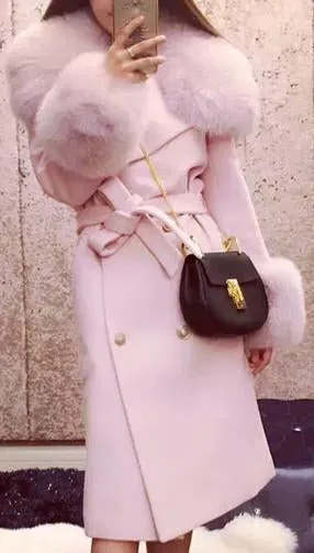 'Adnes' Pink Fox-Fur-Trim Cashmere-Wool Double-Breasted Coat