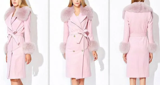 'Adnes' Pink Fox-Fur-Trim Cashmere-Wool Double-Breasted Coat