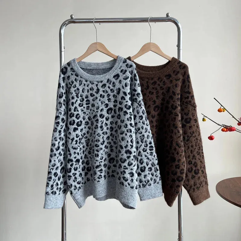 Amozae-Autumn Casual Outfits Amozae-Leopard Print Pullover Sweater Casual Loose Women Autumn Winter Knit Pullovers