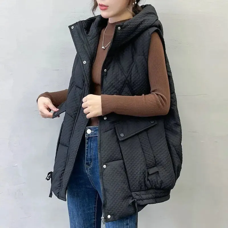 binfenxie Short Sleeveless Puffer Vest Autumn Winter Coat Hooded Vest Down Cotton Waistcoat Thick Warm Pockets Korean Luxury Brand Vests