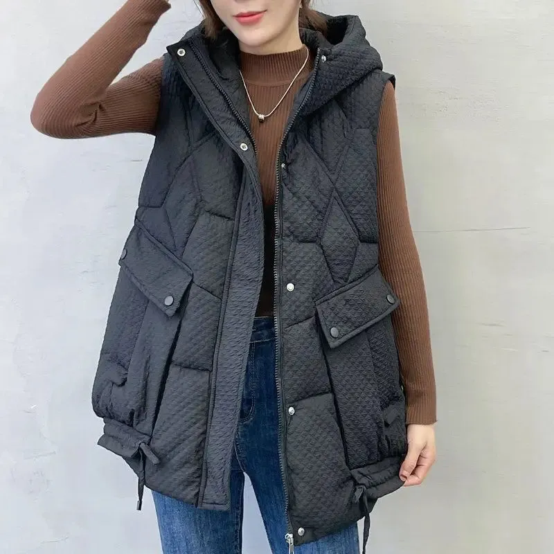 binfenxie Short Sleeveless Puffer Vest Autumn Winter Coat Hooded Vest Down Cotton Waistcoat Thick Warm Pockets Korean Luxury Brand Vests