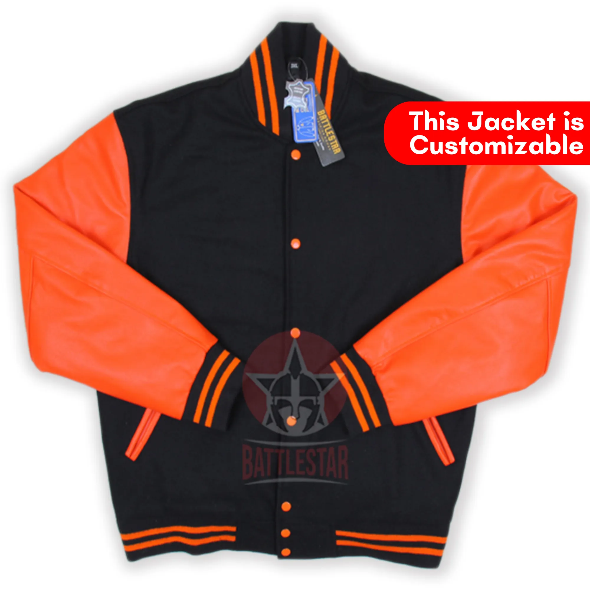 Black Wool Orange Leather Sleeves Varsity Jacket