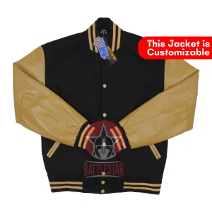 Black Wool Tan Leather Varsity Baseball Classic Jacket