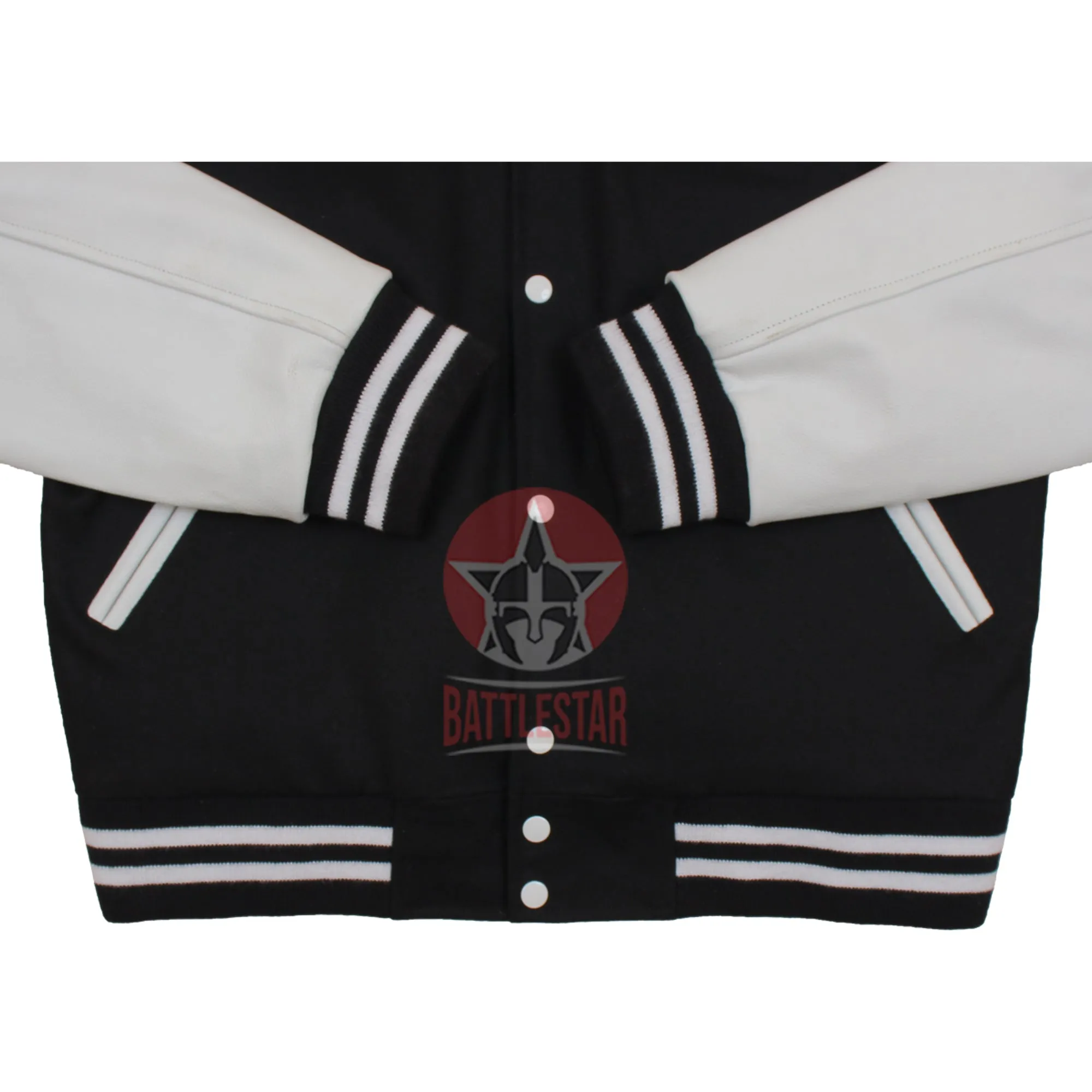 Black Wool White Leather Sleeves Hooded Varsity Jacket