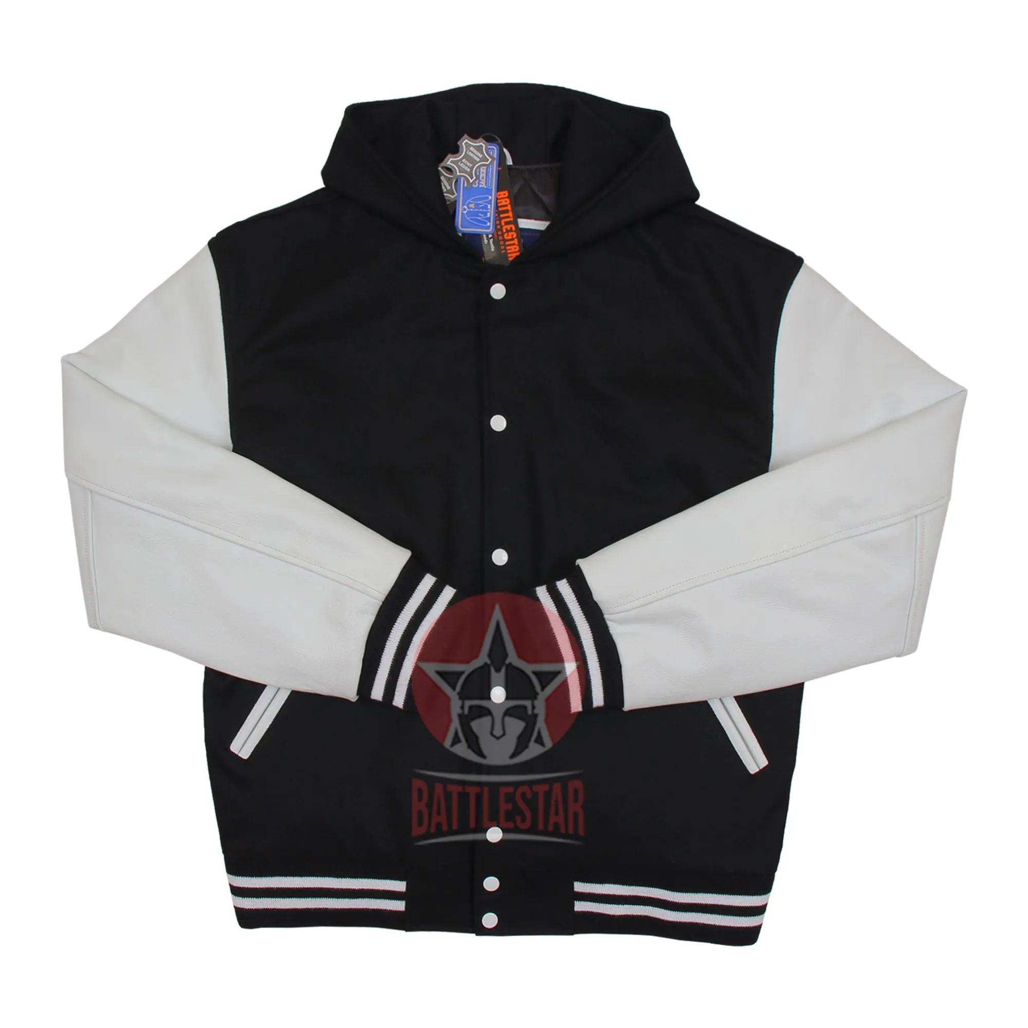 Black Wool White Leather Sleeves Hooded Varsity Jacket