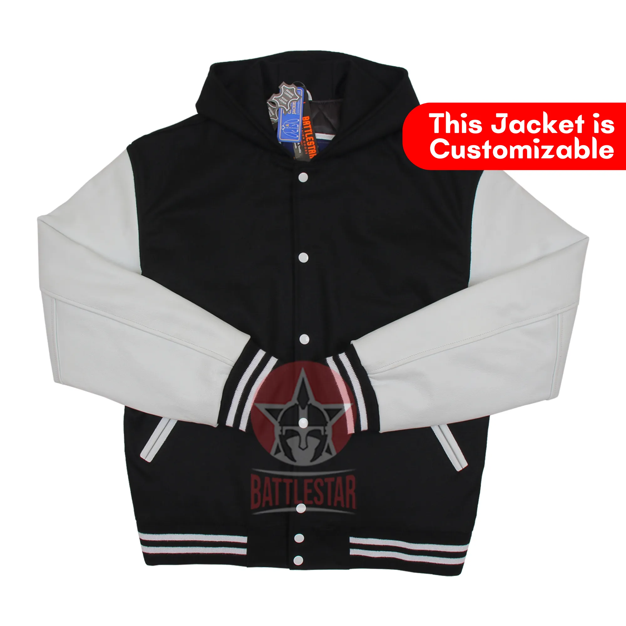 Black Wool White Leather Sleeves Hooded Varsity Jacket