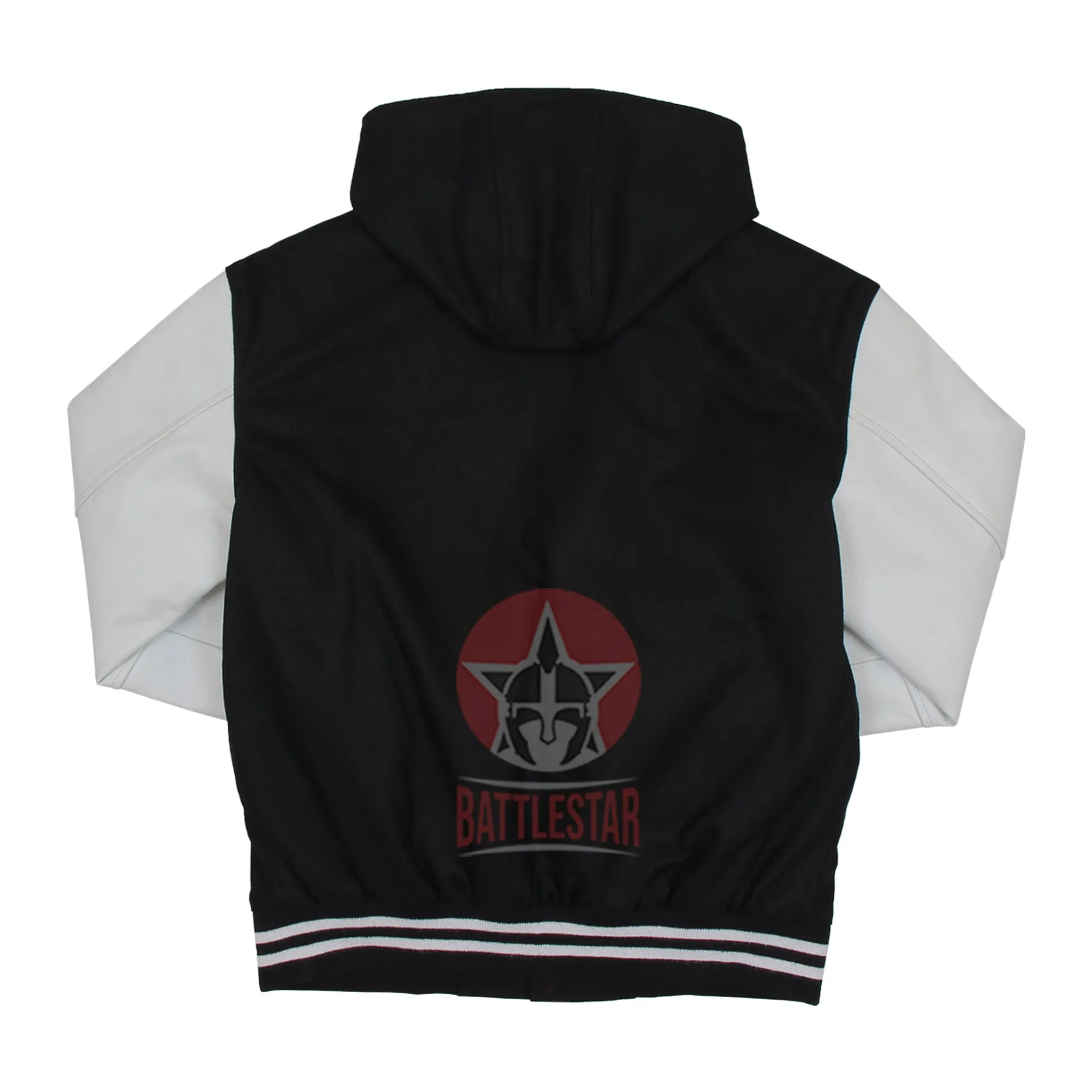 Black Wool White Leather Sleeves Hooded Varsity Jacket