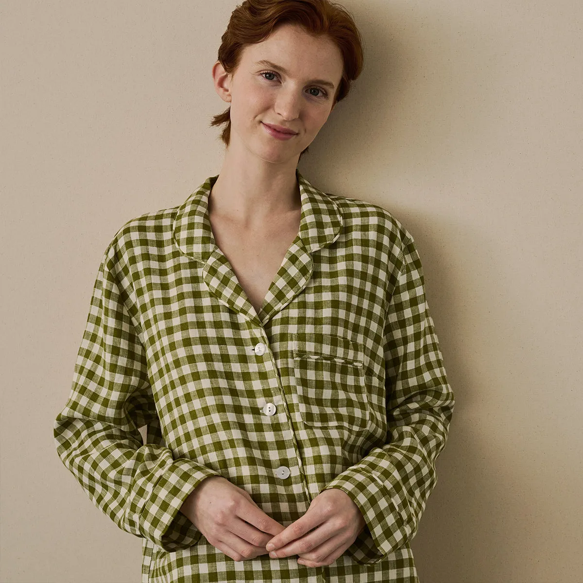 Botanical Green Gingham Linen Night Shirt