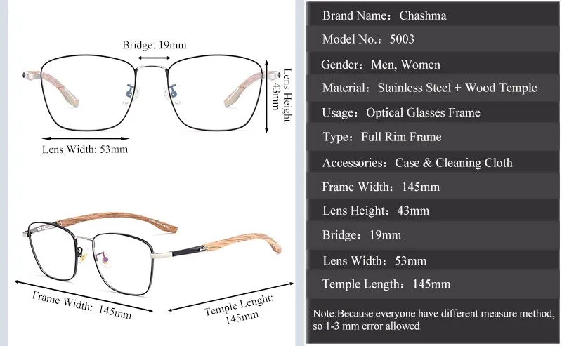 Chashma Unisex Full Rim Square Stainless Steel Frame Wood Temple Eyeglasses