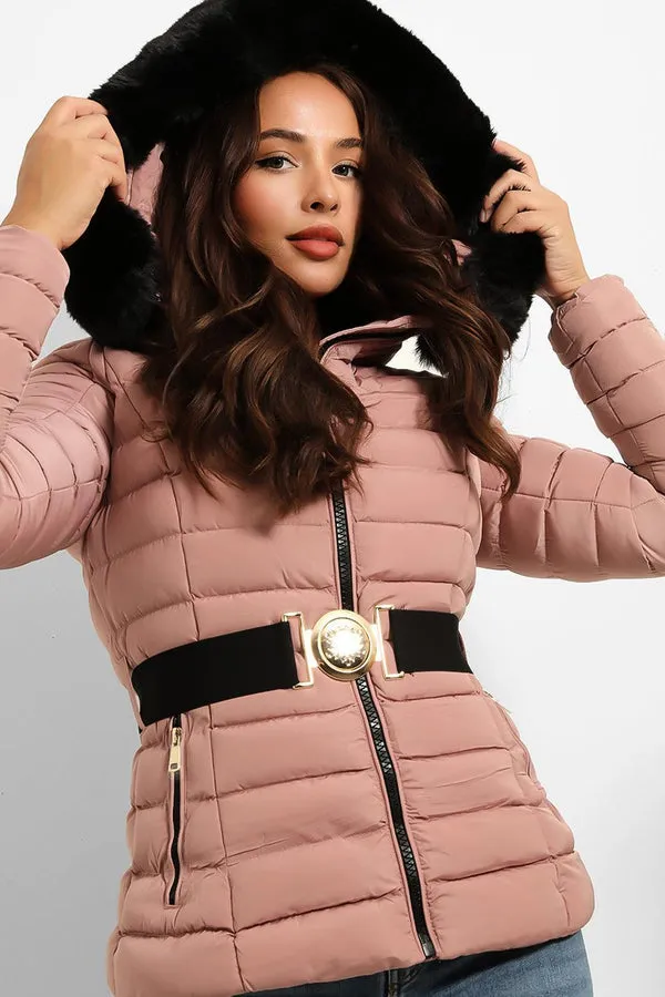 FAUX FUR HOODED PINK PADDED JACKET WITH ELASTIC BUCKLE BELT