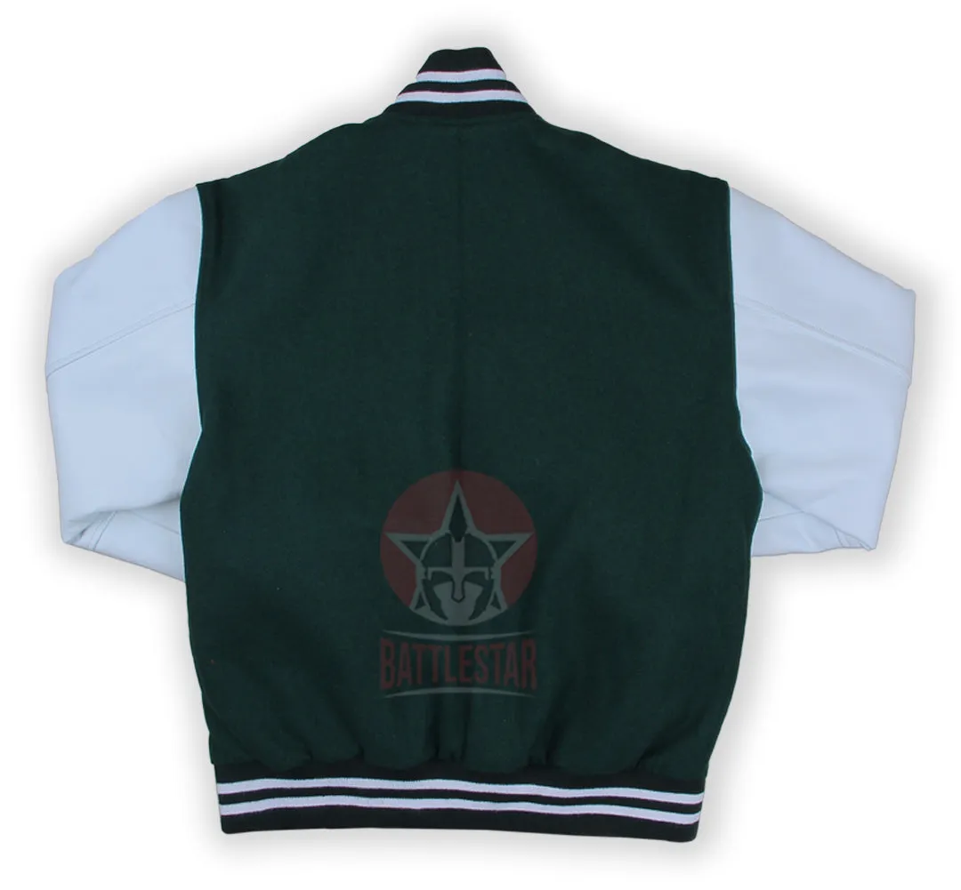 Forest Green Wool White Leather Sleeves  Varsity Jacket