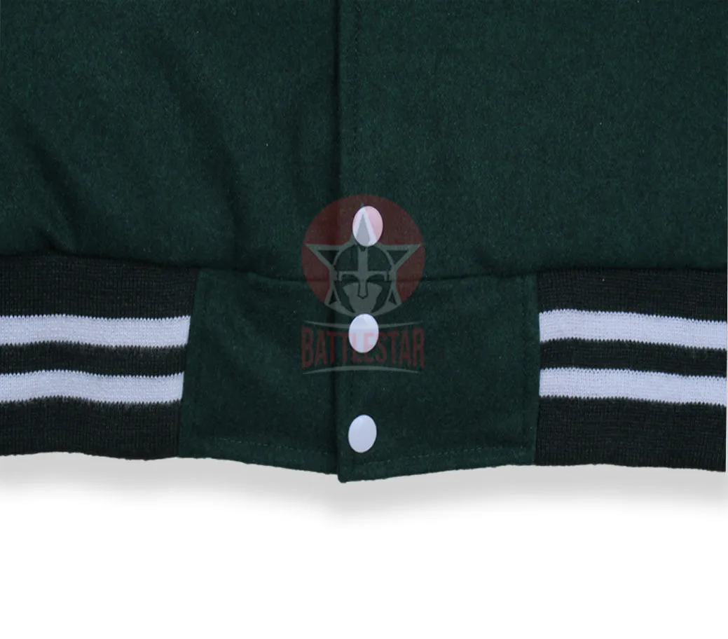 Forest Green Wool White Leather Sleeves  Varsity Jacket