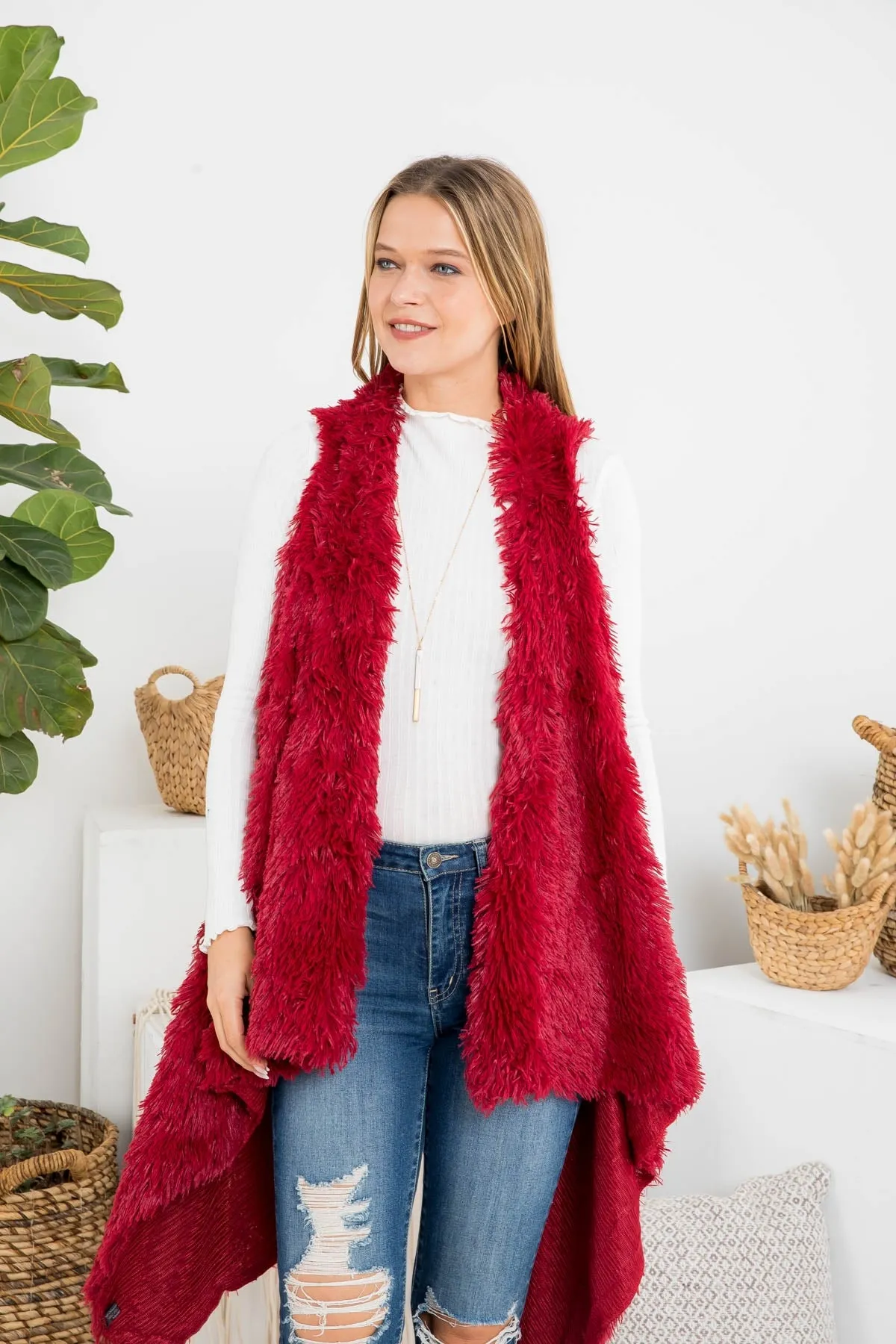 FUZZY FUR KNEE LENGTH KIMONO VEST