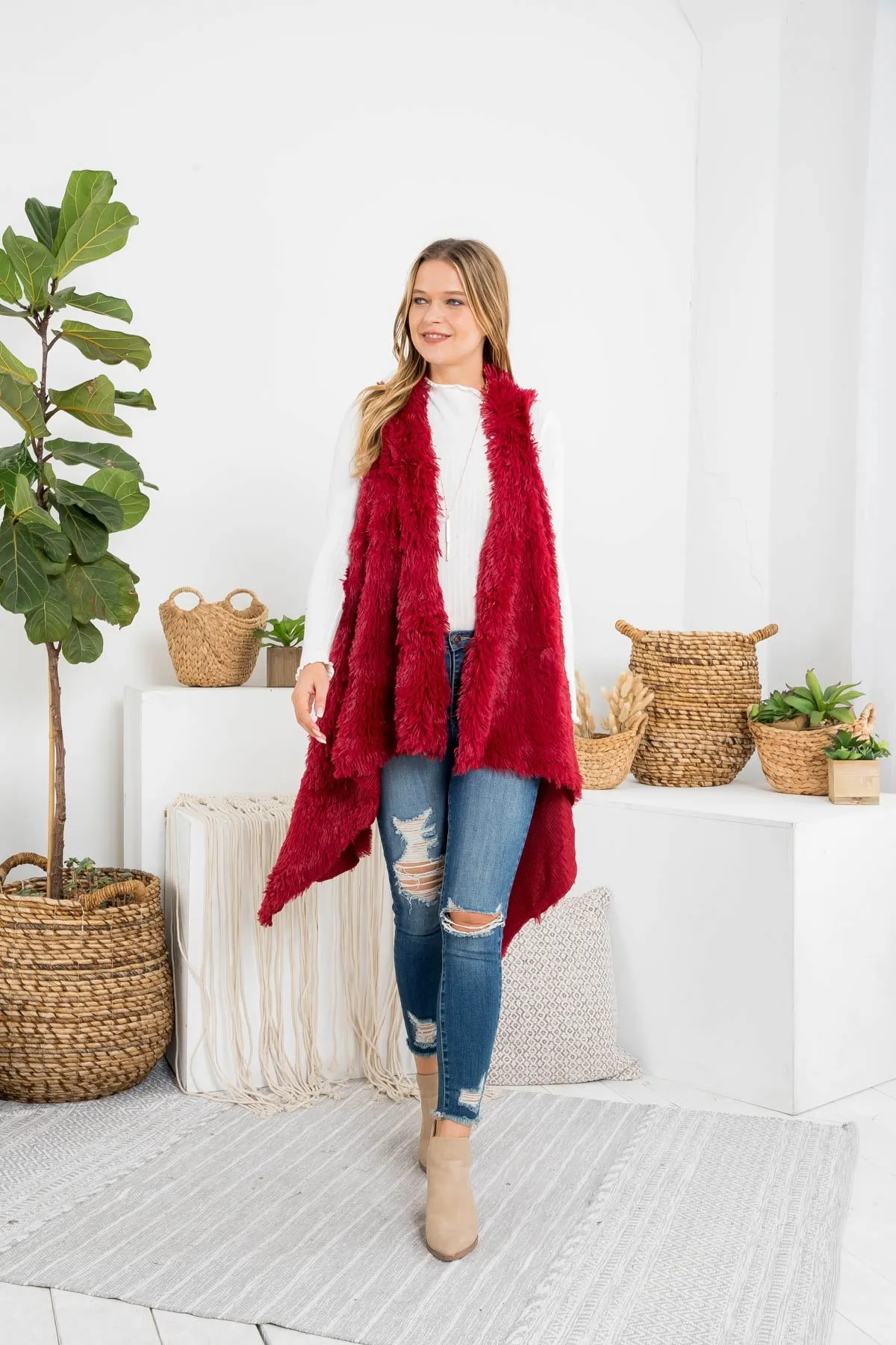 FUZZY FUR KNEE LENGTH KIMONO VEST