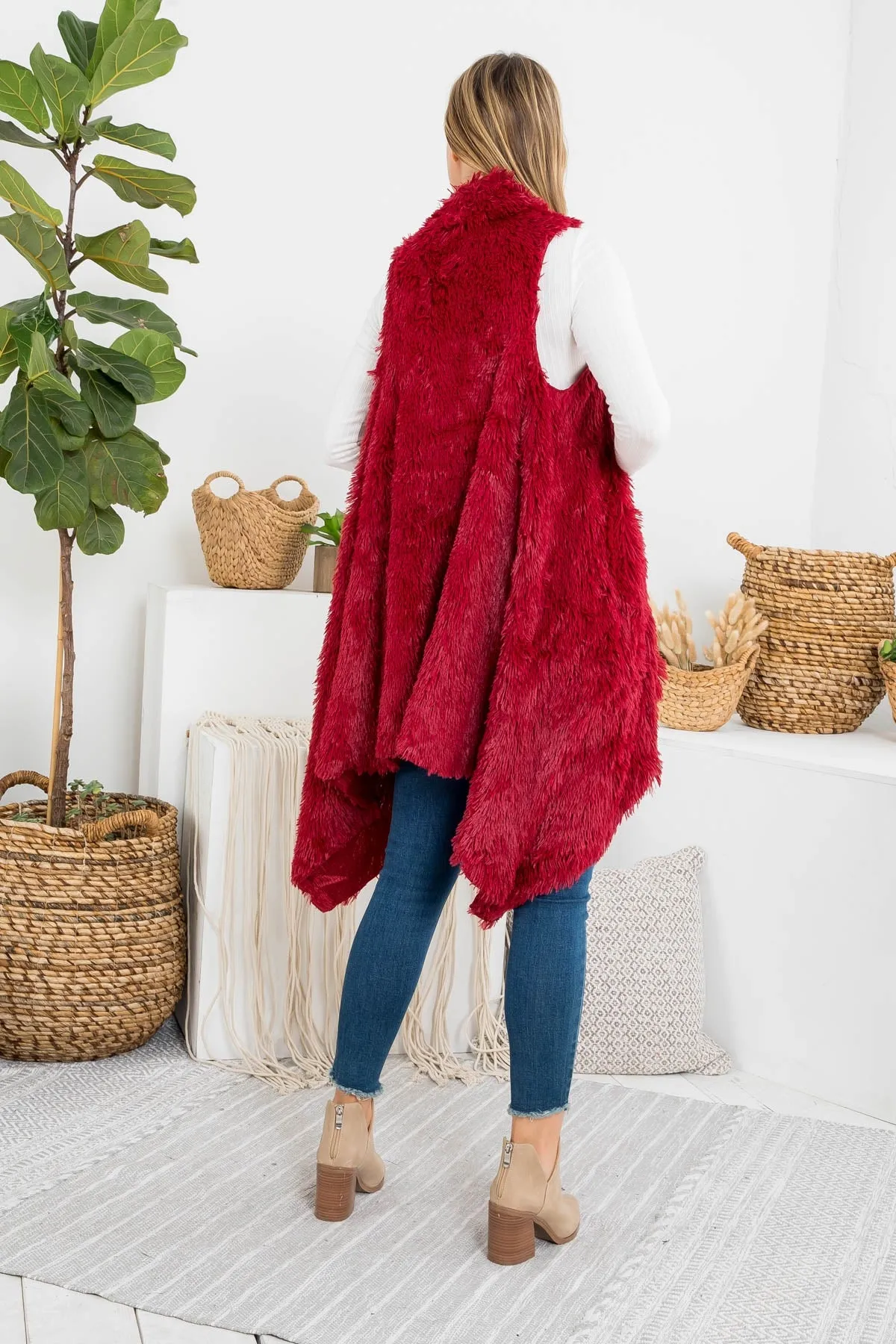 FUZZY FUR KNEE LENGTH KIMONO VEST