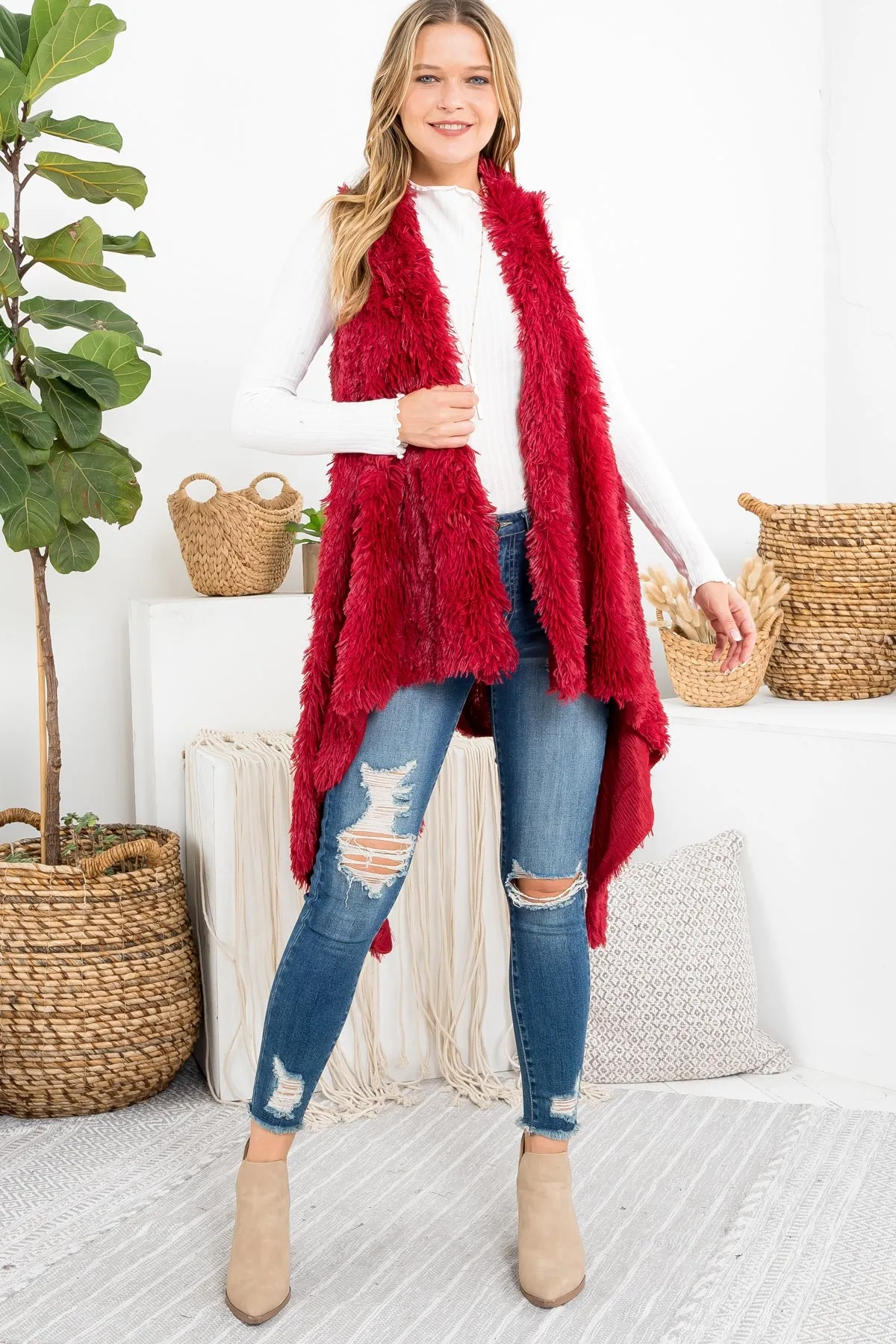 FUZZY FUR KNEE LENGTH KIMONO VEST