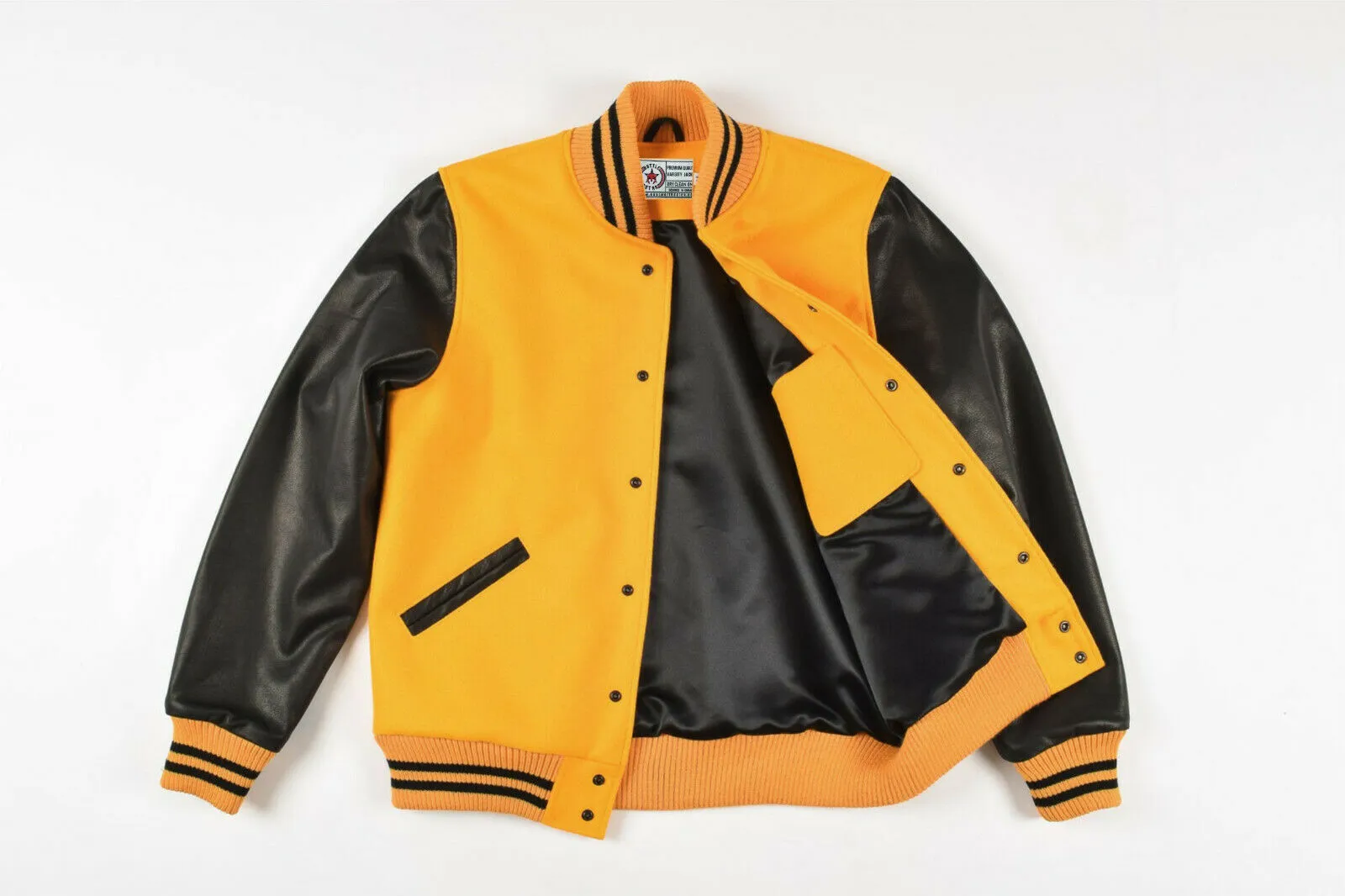 Gold Yellow Wool Black Leather Sleeves Varsity Jacket