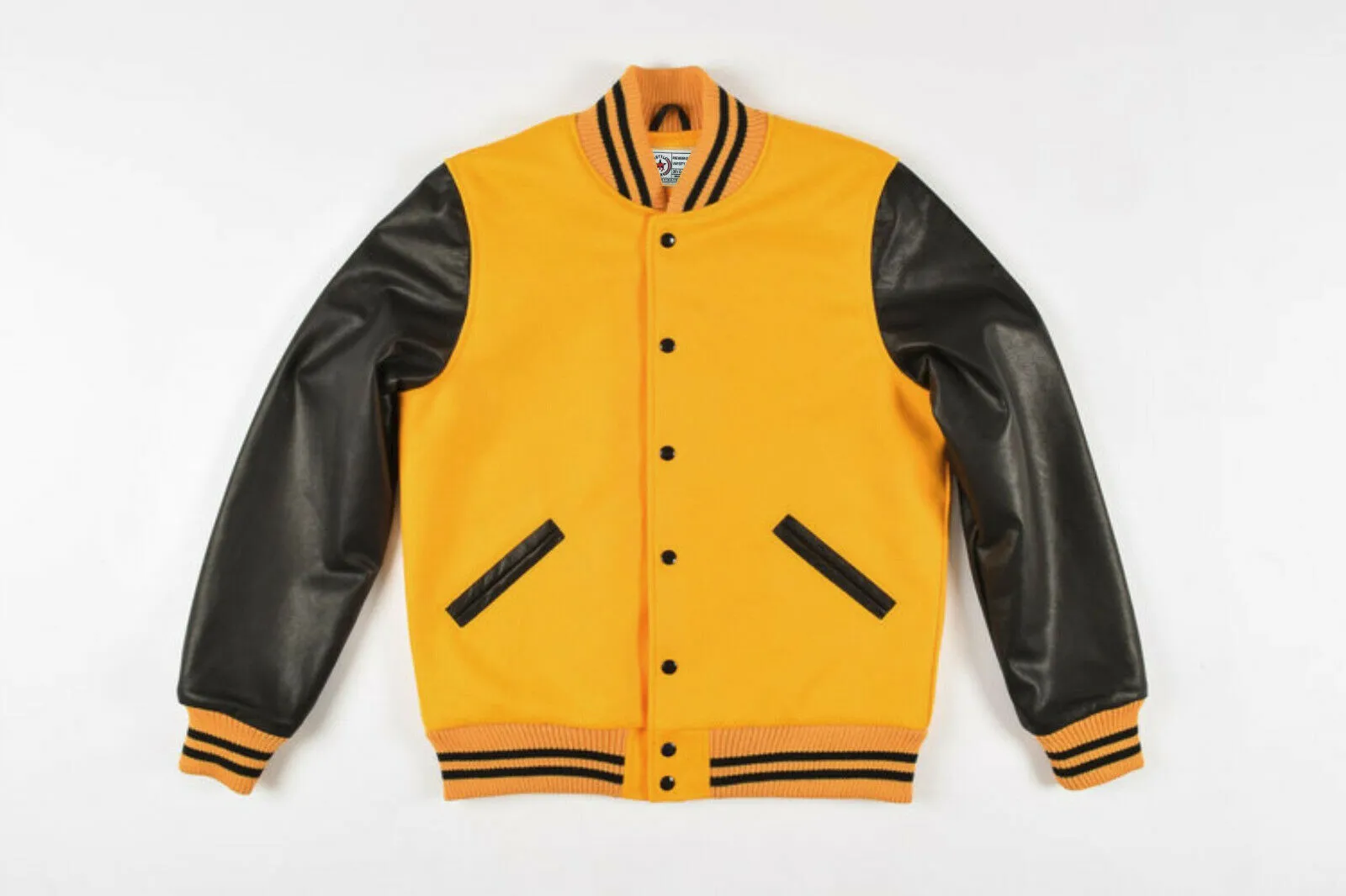 Gold Yellow Wool Black Leather Sleeves Varsity Jacket