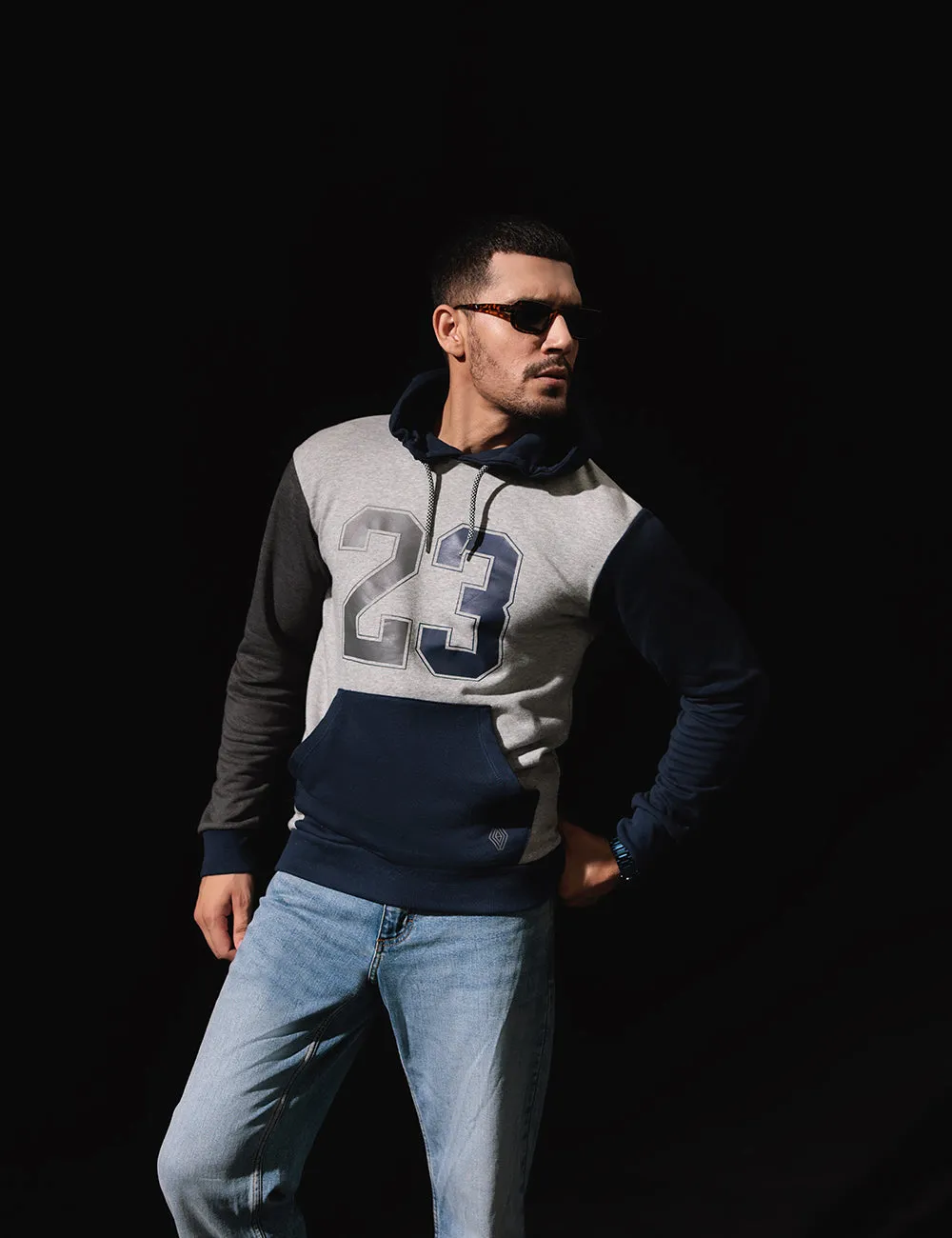 Grey & Navy Blue Color Block Hoodie