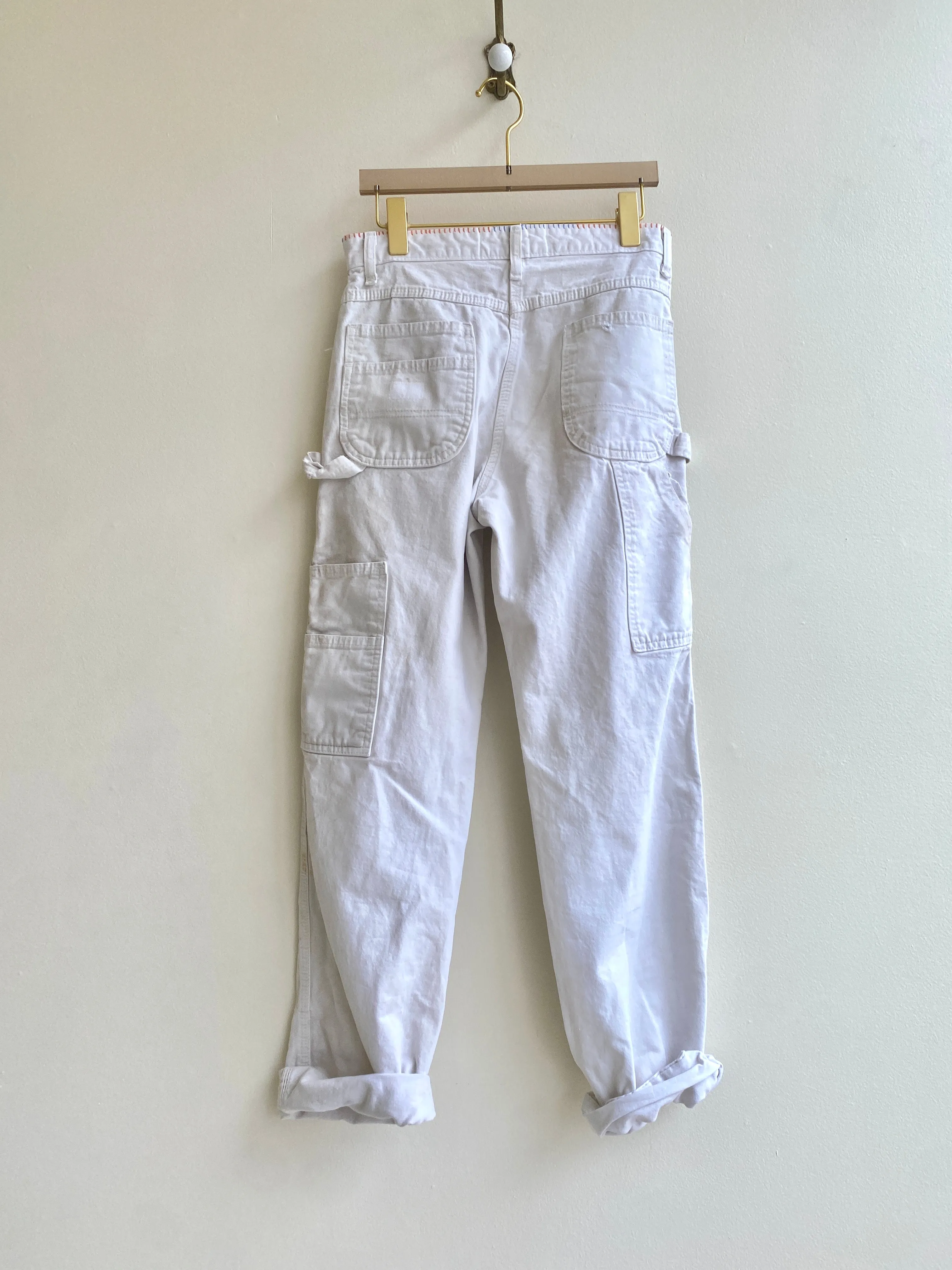 Hand Embroidered Waist & Hand Stitched Painters Drop Cloth Patched Pants w/ Cracker Jack Charm (Reworked)