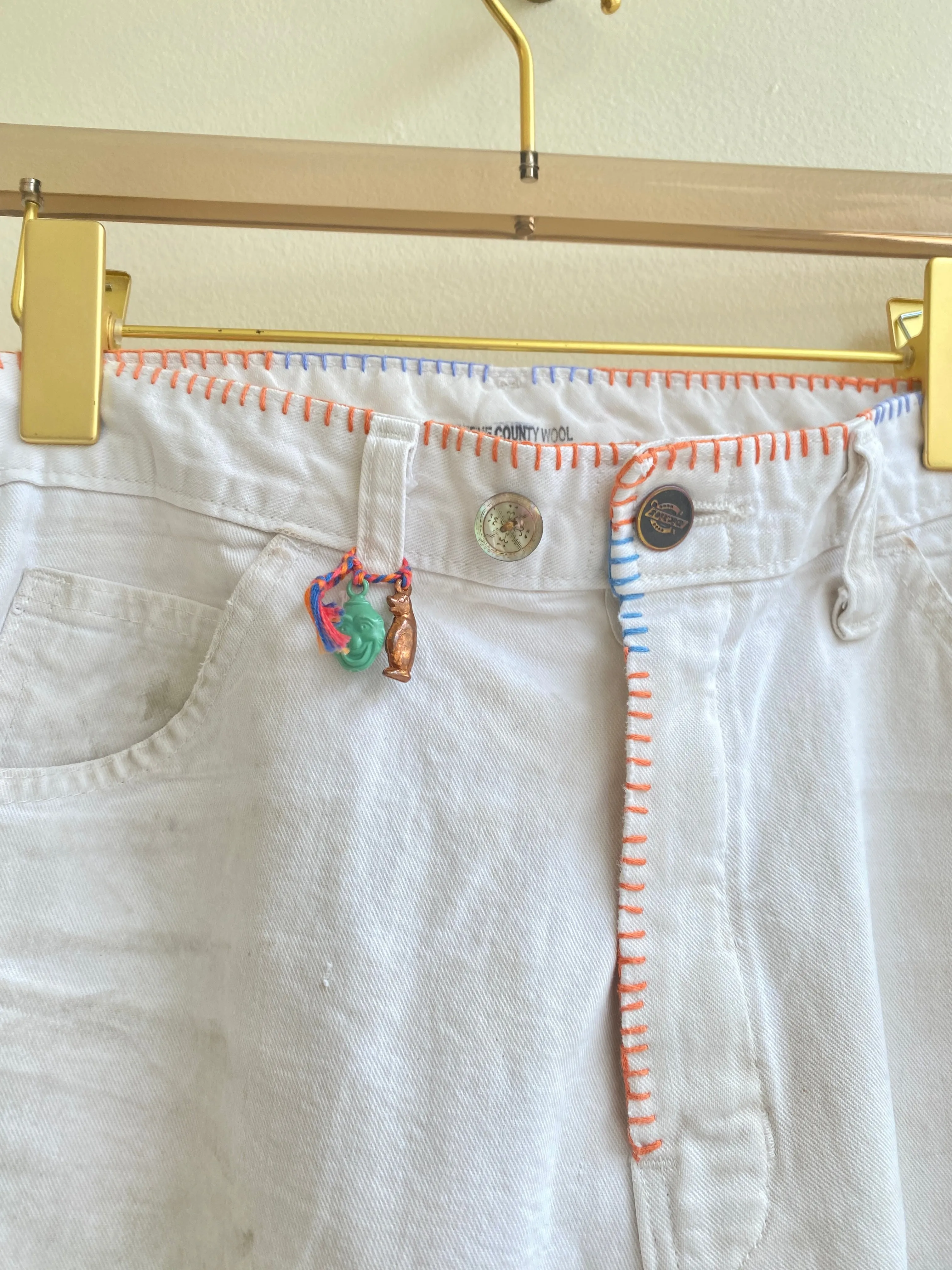 Hand Embroidered Waist & Hand Stitched Painters Drop Cloth Patched Pants w/ Cracker Jack Charm (Reworked)