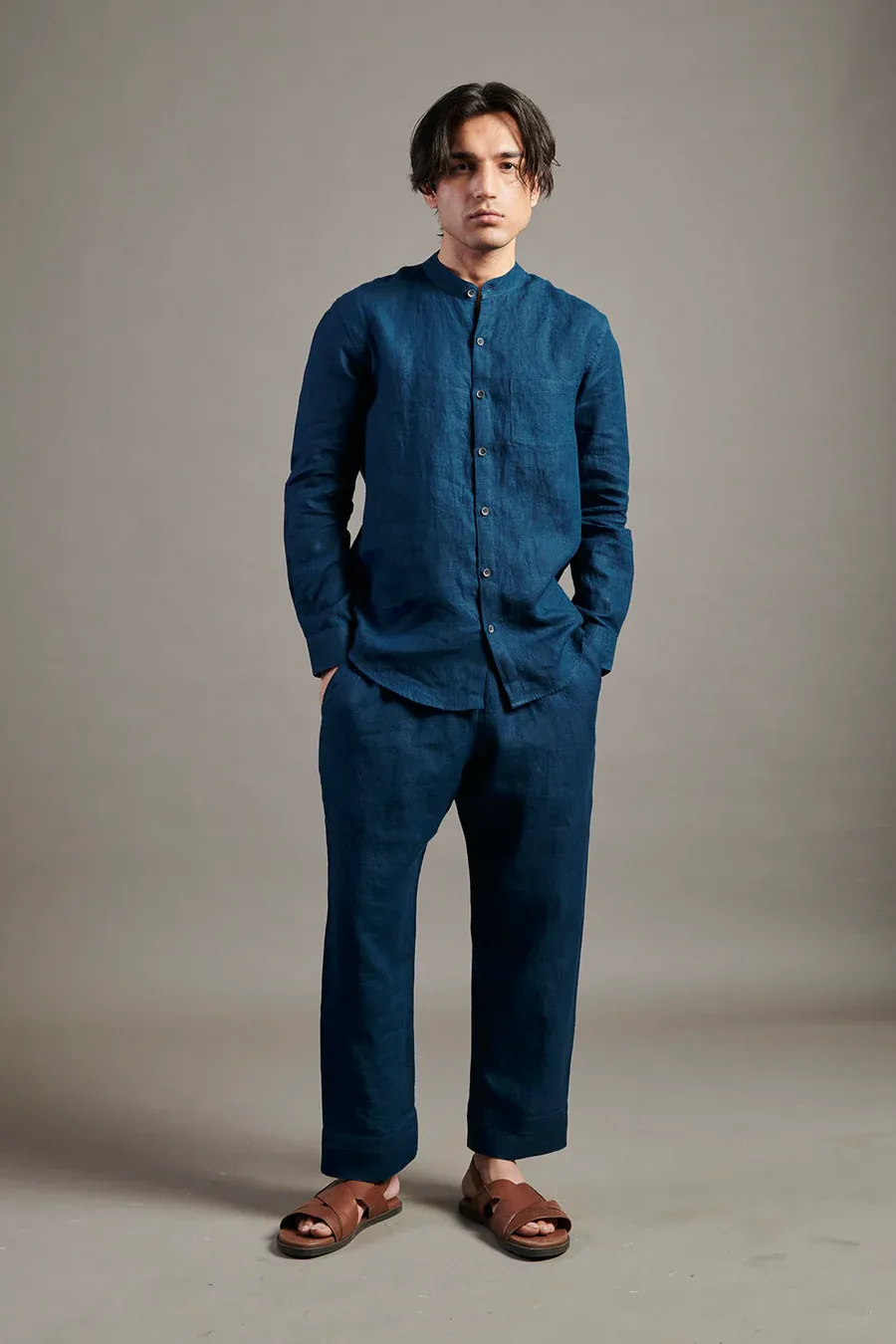 Indigo Linen Band Collar Shirt