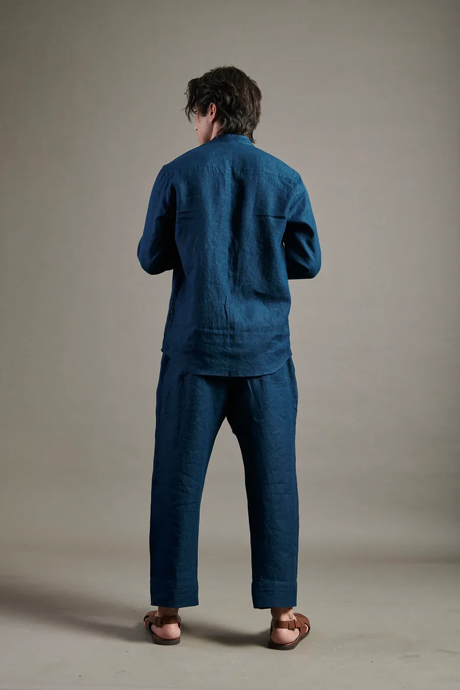 Indigo Linen Band Collar Shirt