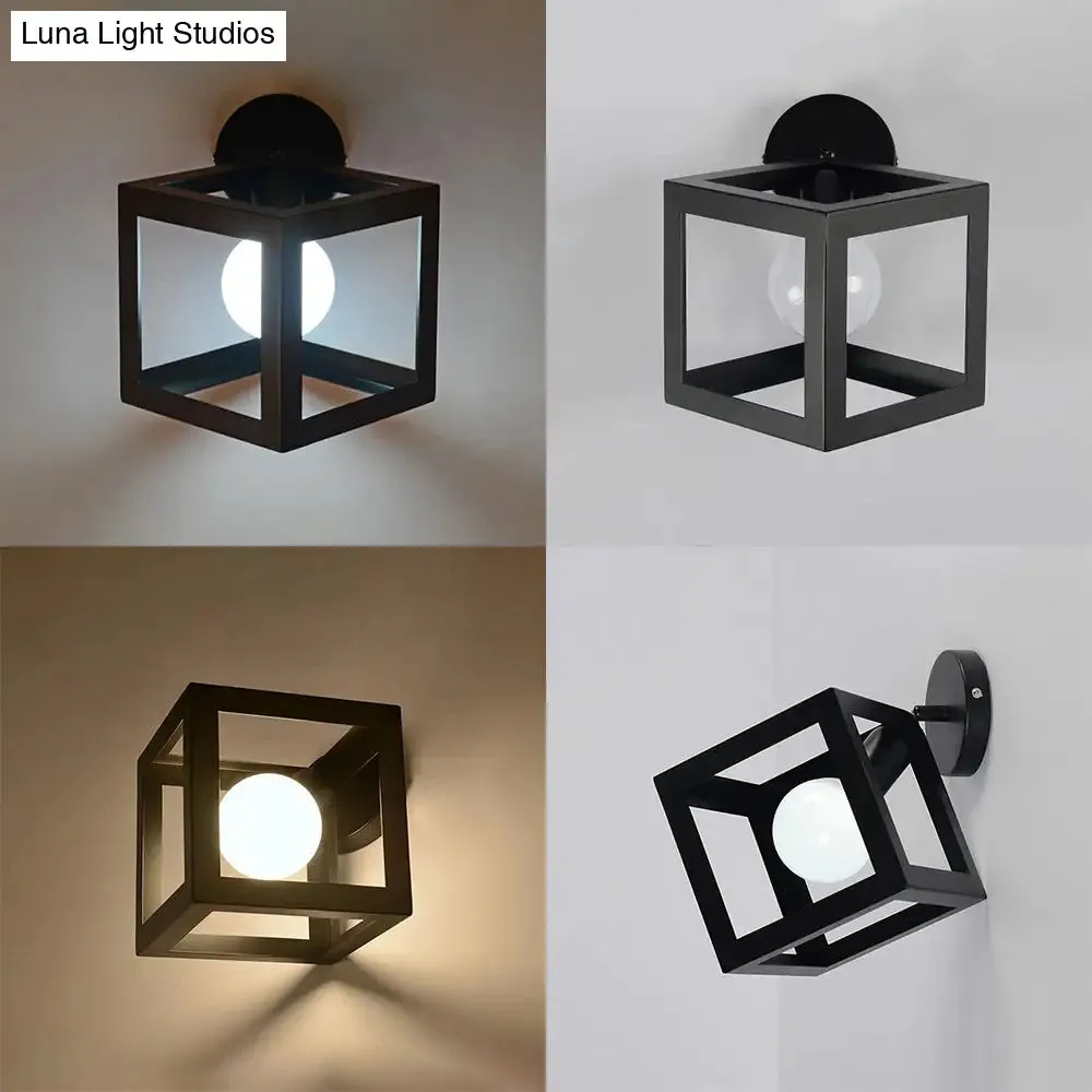 Industrial Metal Cubic Wall Light with Stylish Cage Shade - Black