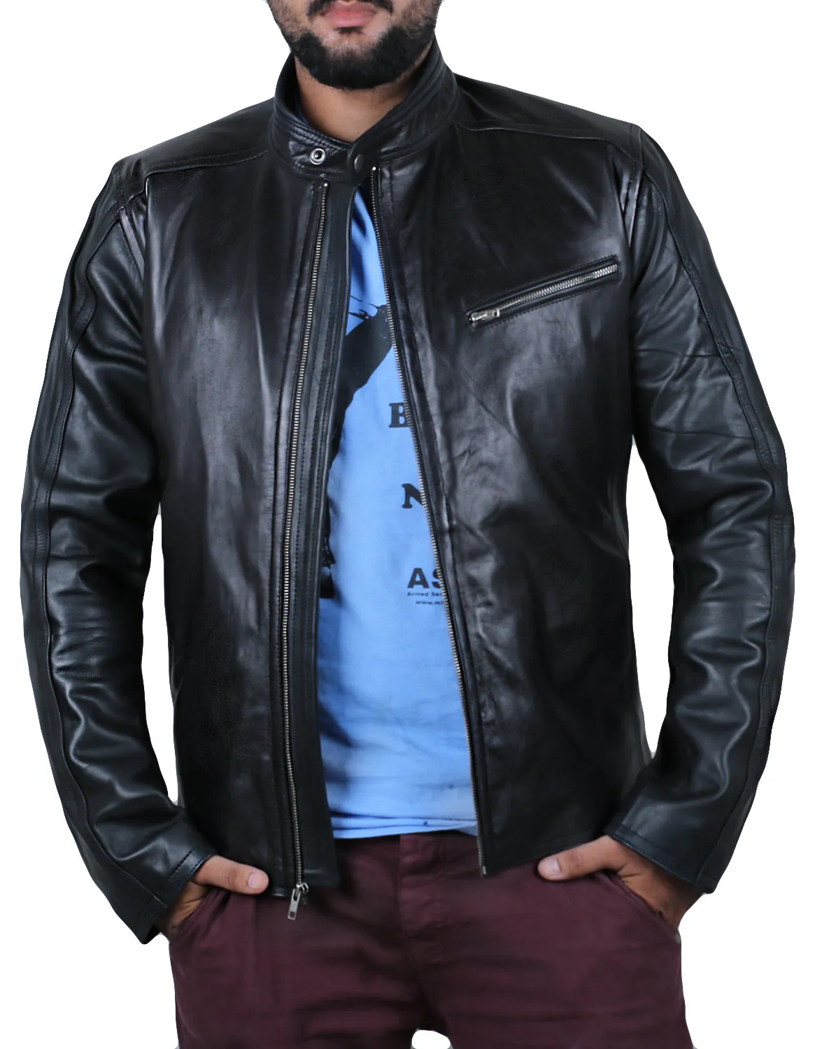 Leather Jackets Hub Mens Genuine Cowhide Leather Jacket (Black, Racer Jacket) - 1501421