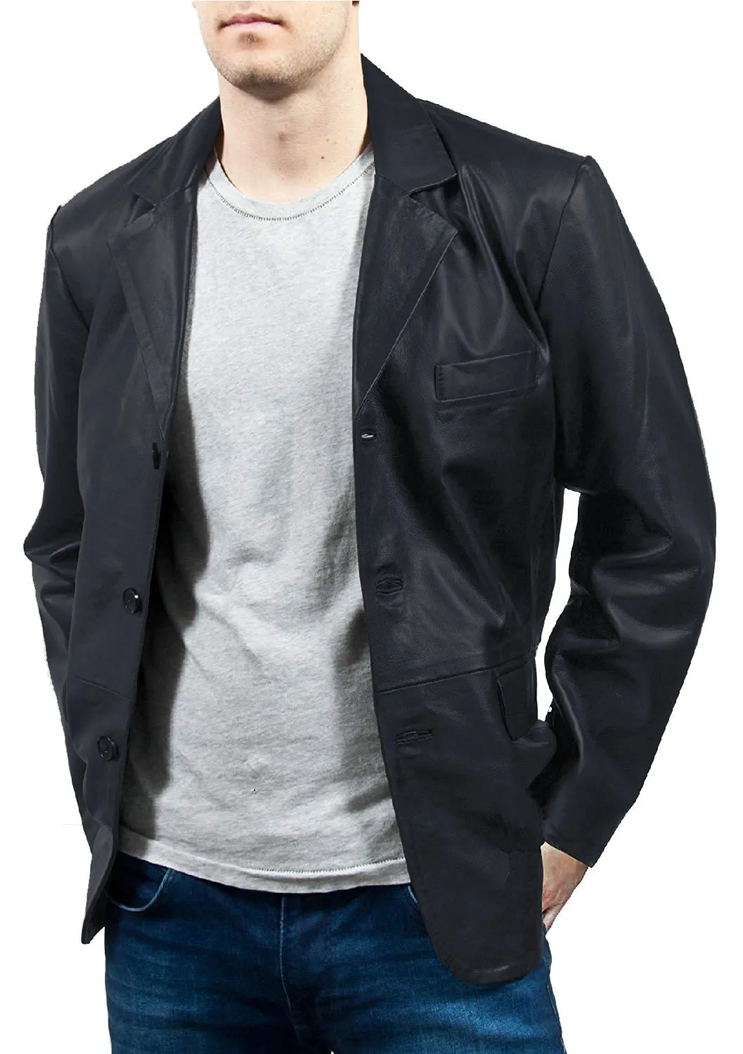 Leather Jackets Hub Mens Genuine Lambskin Leather Coat (Black, Blazer Jacket) - 1501831