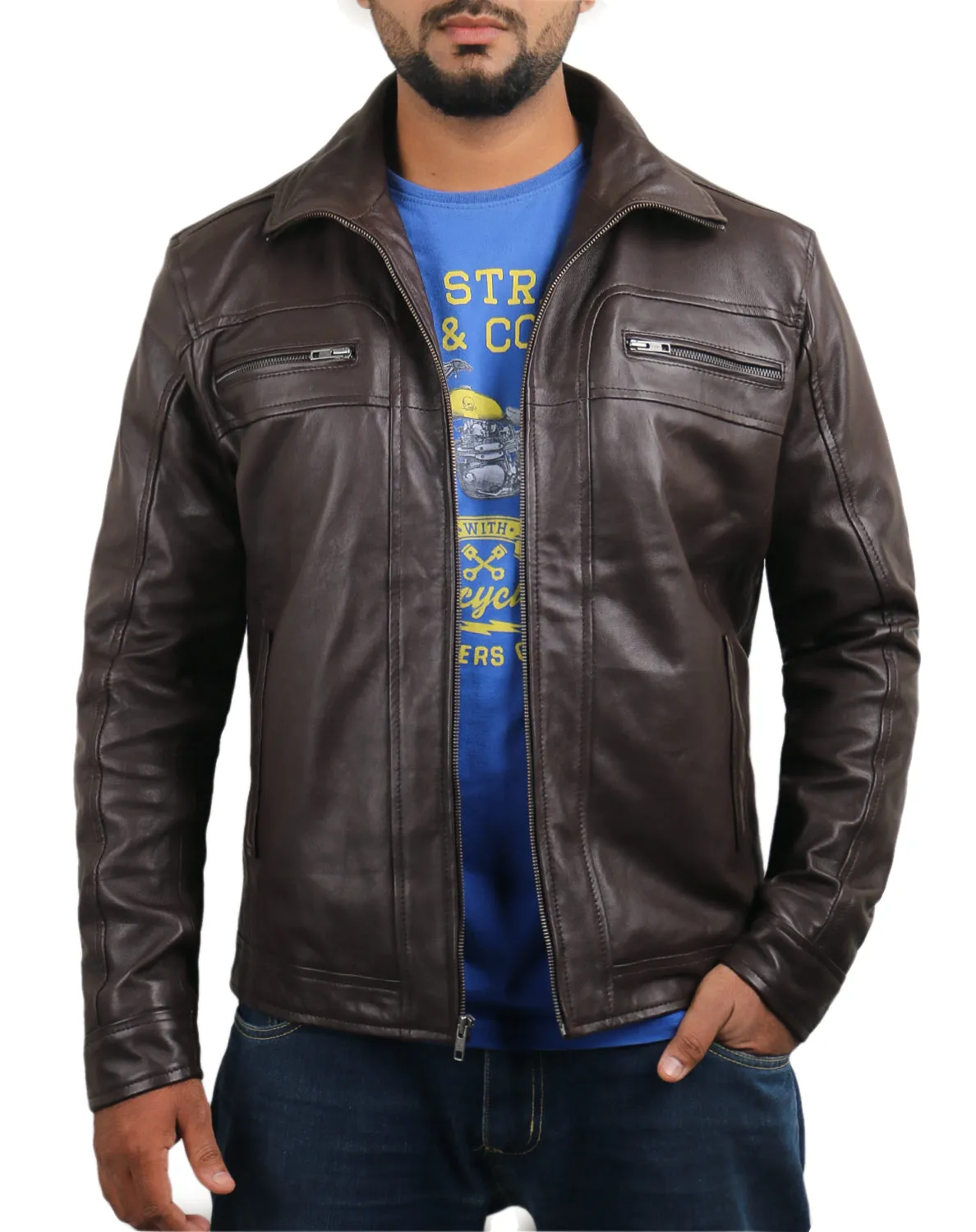 Leather Jackets Hub Mens Genuine Lambskin Leather Jacket (Black, Aviator Jacket) - 1501378