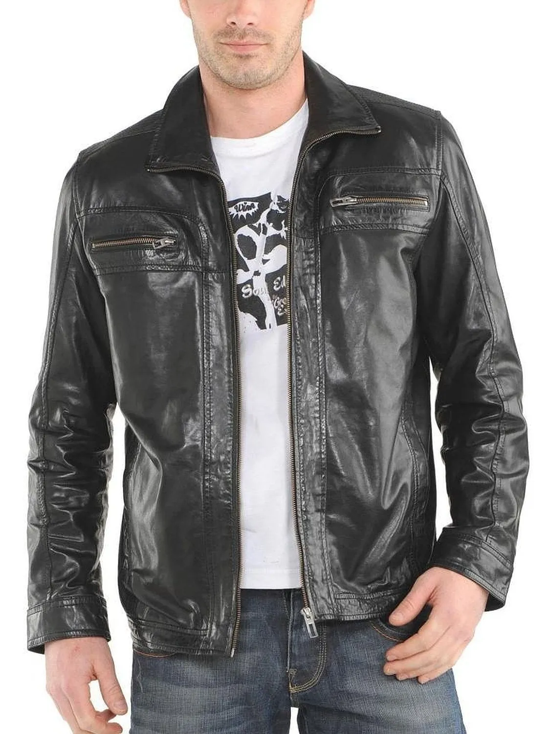 Leather Jackets Hub Mens Genuine Lambskin Leather Jacket (Black, Aviator Jacket) - 1501378