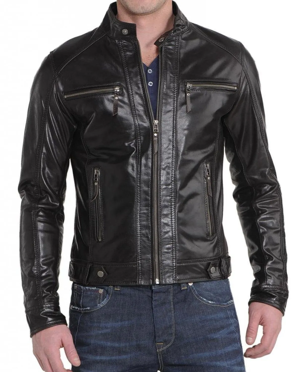 Leather Jackets Hub Mens Genuine Lambskin Leather Jacket (Black, Fencing Jacket) - 1501266