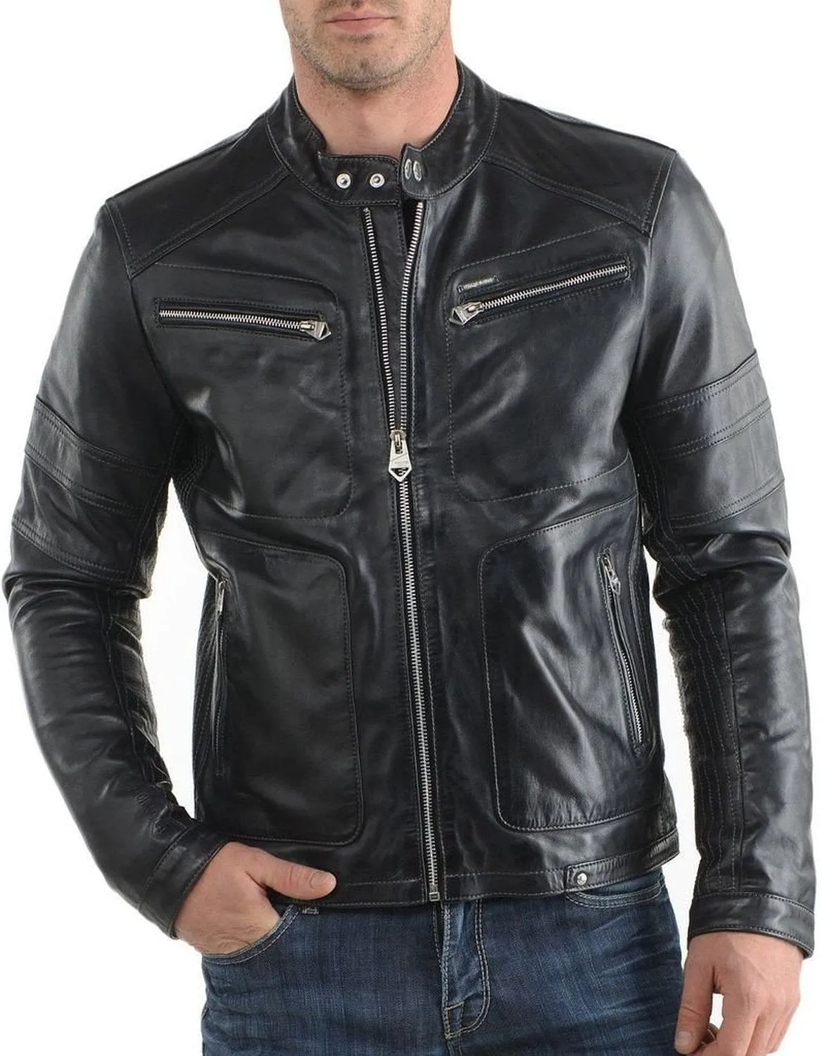 Leather Jackets Hub Mens Genuine Lambskin Leather Jacket (Black, Fencing Jacket) - 1501320