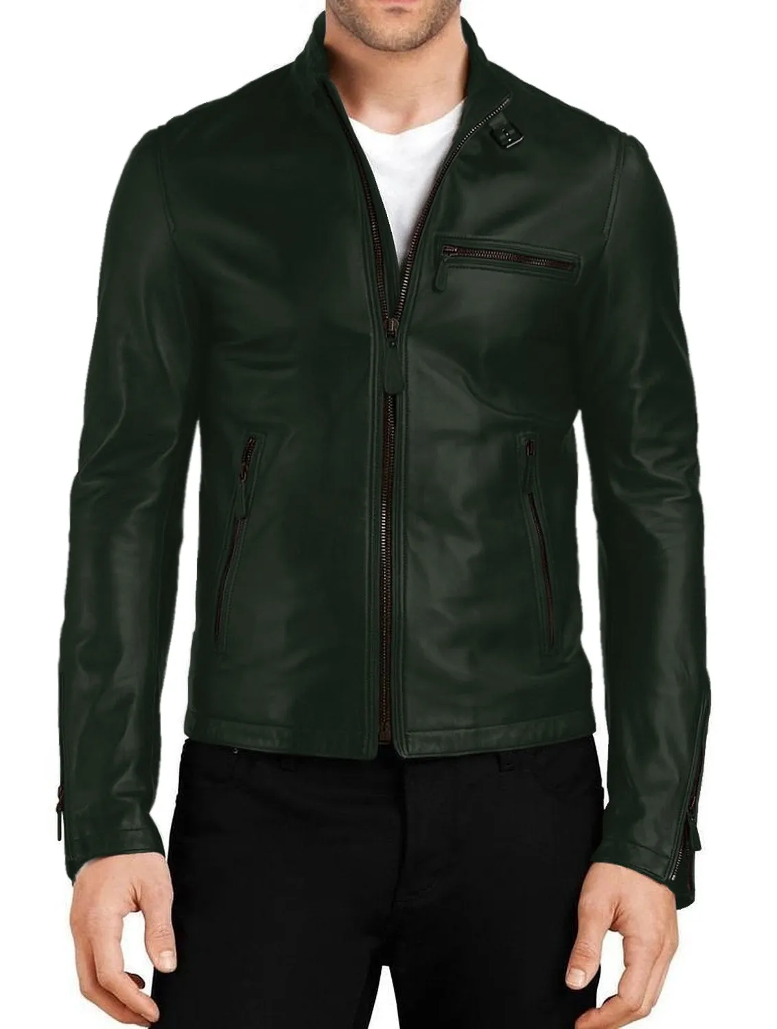 Leather Jackets Hub Mens Genuine Lambskin Leather Jacket (Black, Racer Jacket) - 1501048