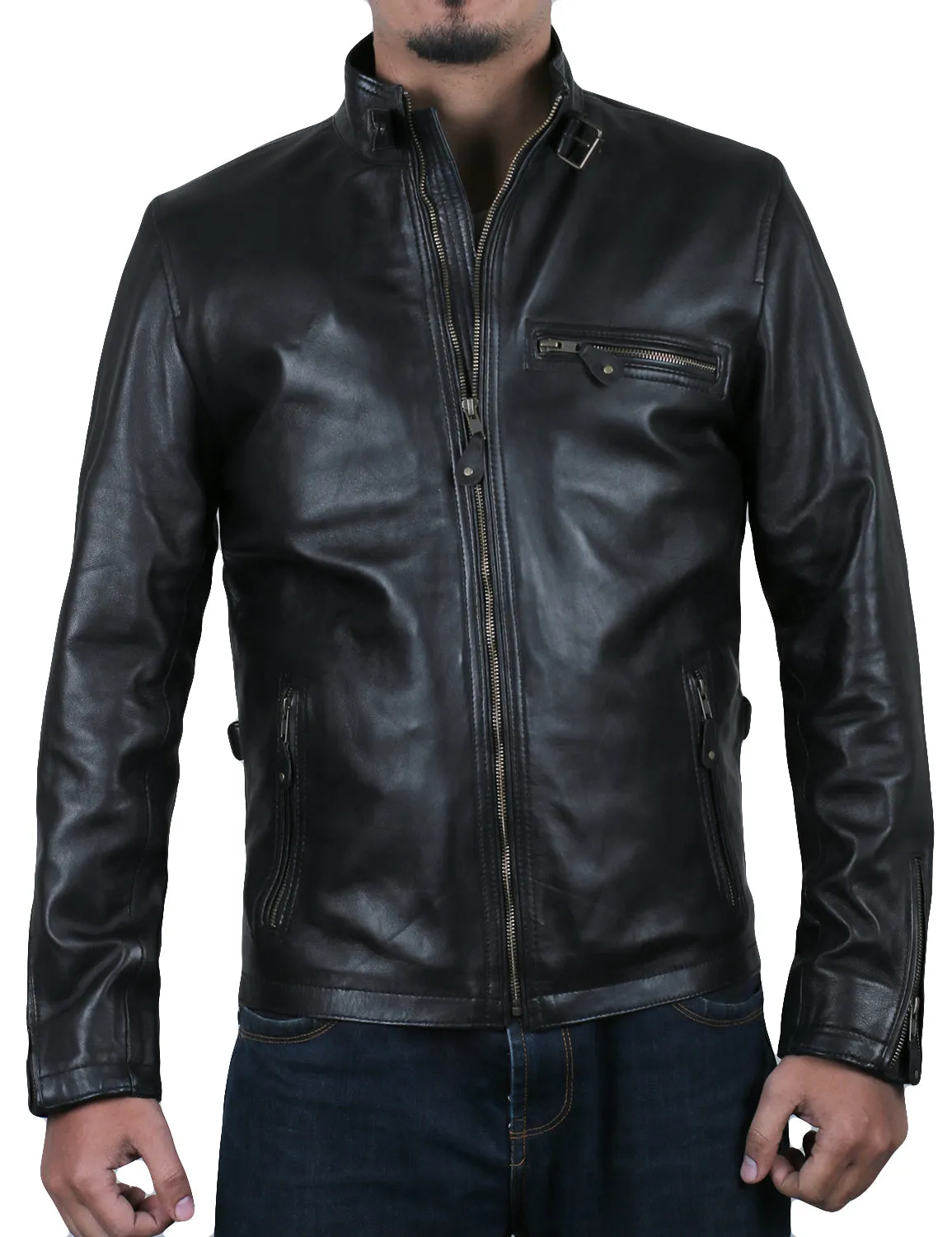 Leather Jackets Hub Mens Genuine Lambskin Leather Jacket (Black, Racer Jacket) - 1501048