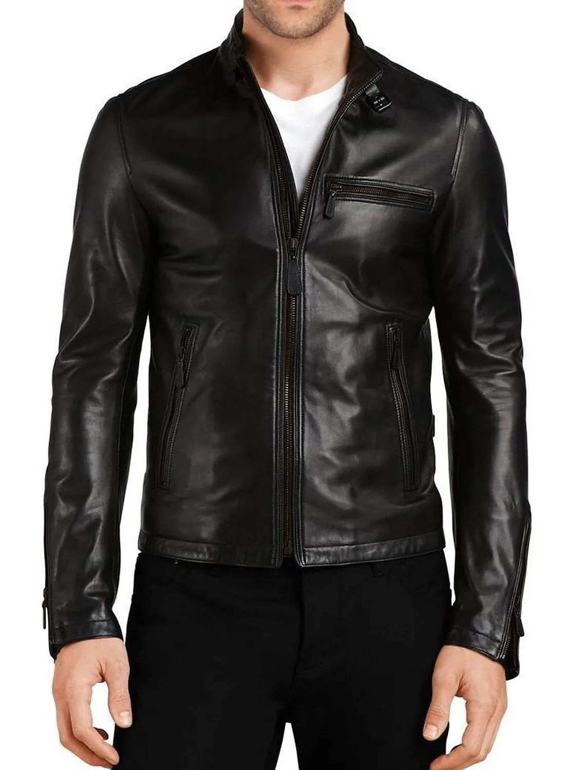 Leather Jackets Hub Mens Genuine Lambskin Leather Jacket (Black, Racer Jacket) - 1501048