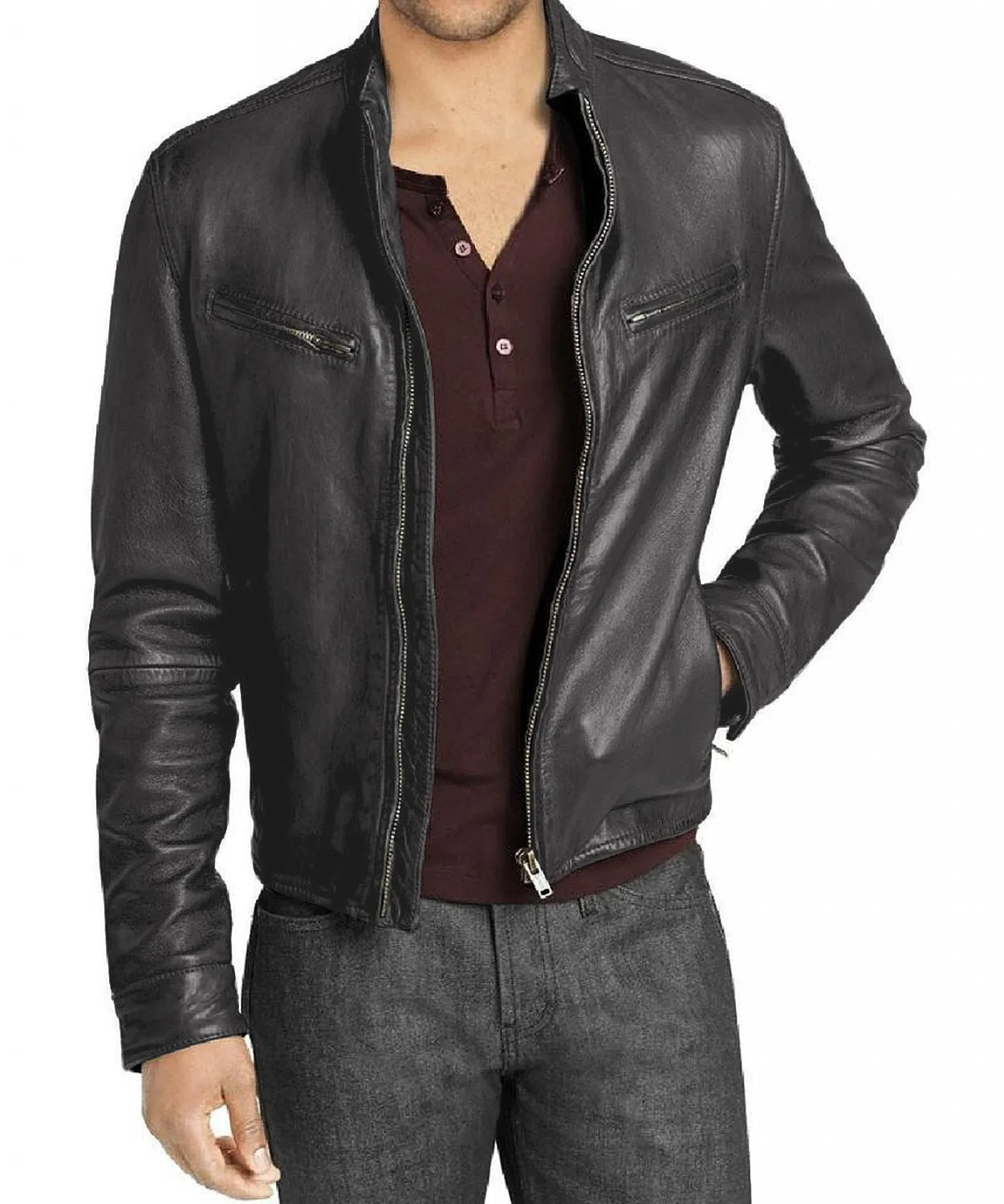 Leather Jackets Hub Mens Genuine Lambskin Leather Jacket (Black, Racer Jacket) - 1501226