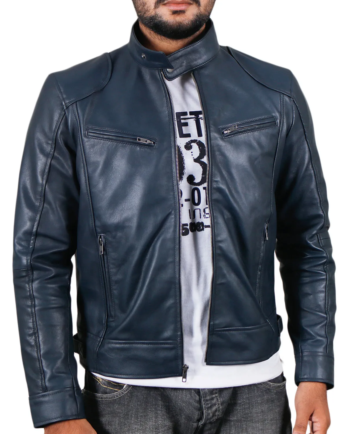 Leather Jackets Hub Men's Sword Black Genuine Lambskin Leather Biker Jacket (Black, Racer Jacket) - 1501533