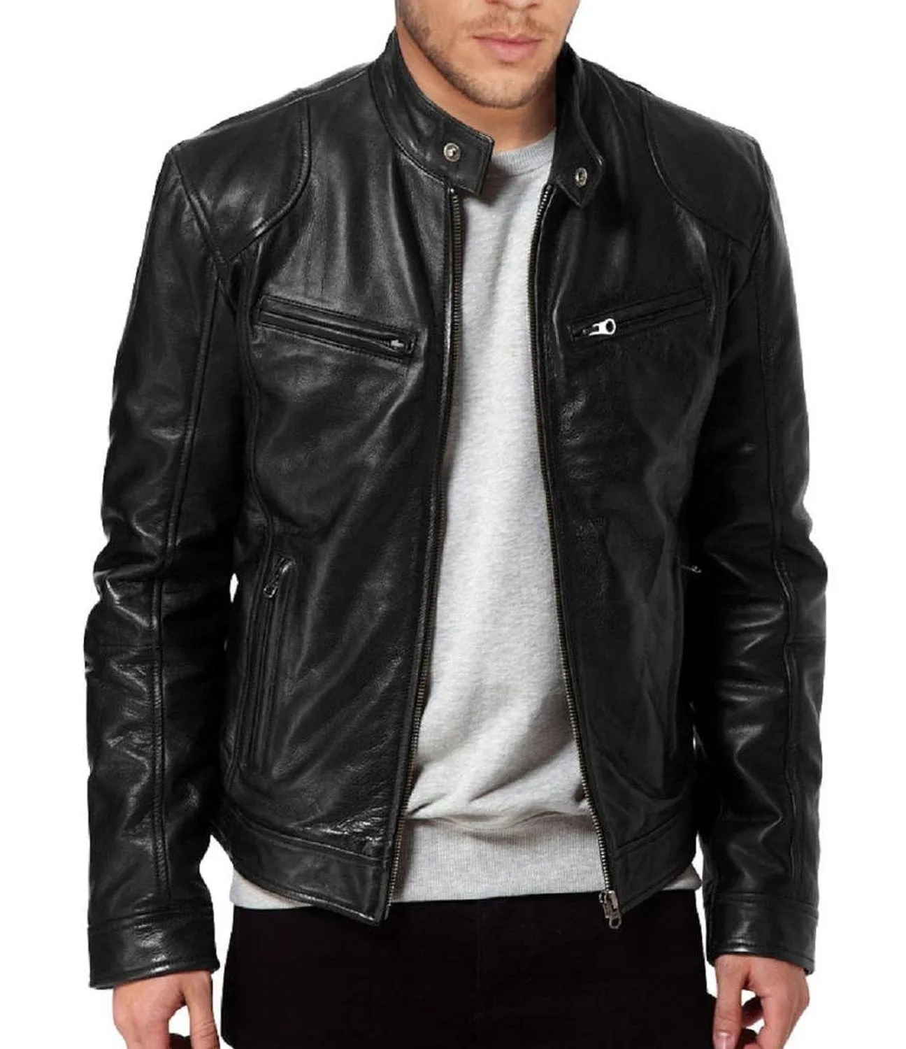 Leather Jackets Hub Men's Sword Black Genuine Lambskin Leather Biker Jacket (Black, Racer Jacket) - 1501533