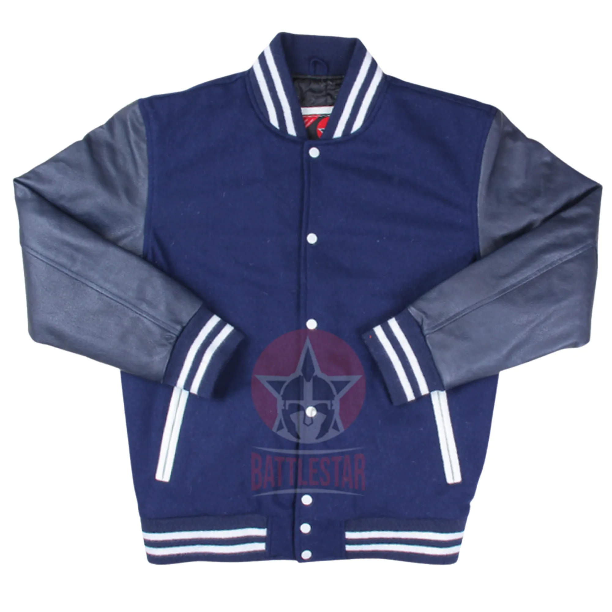 Navy Blue Wool and Leather Varsity Jacket