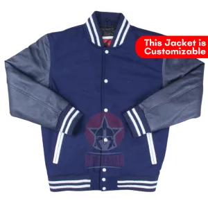 Navy Blue Wool and Leather Varsity Jacket