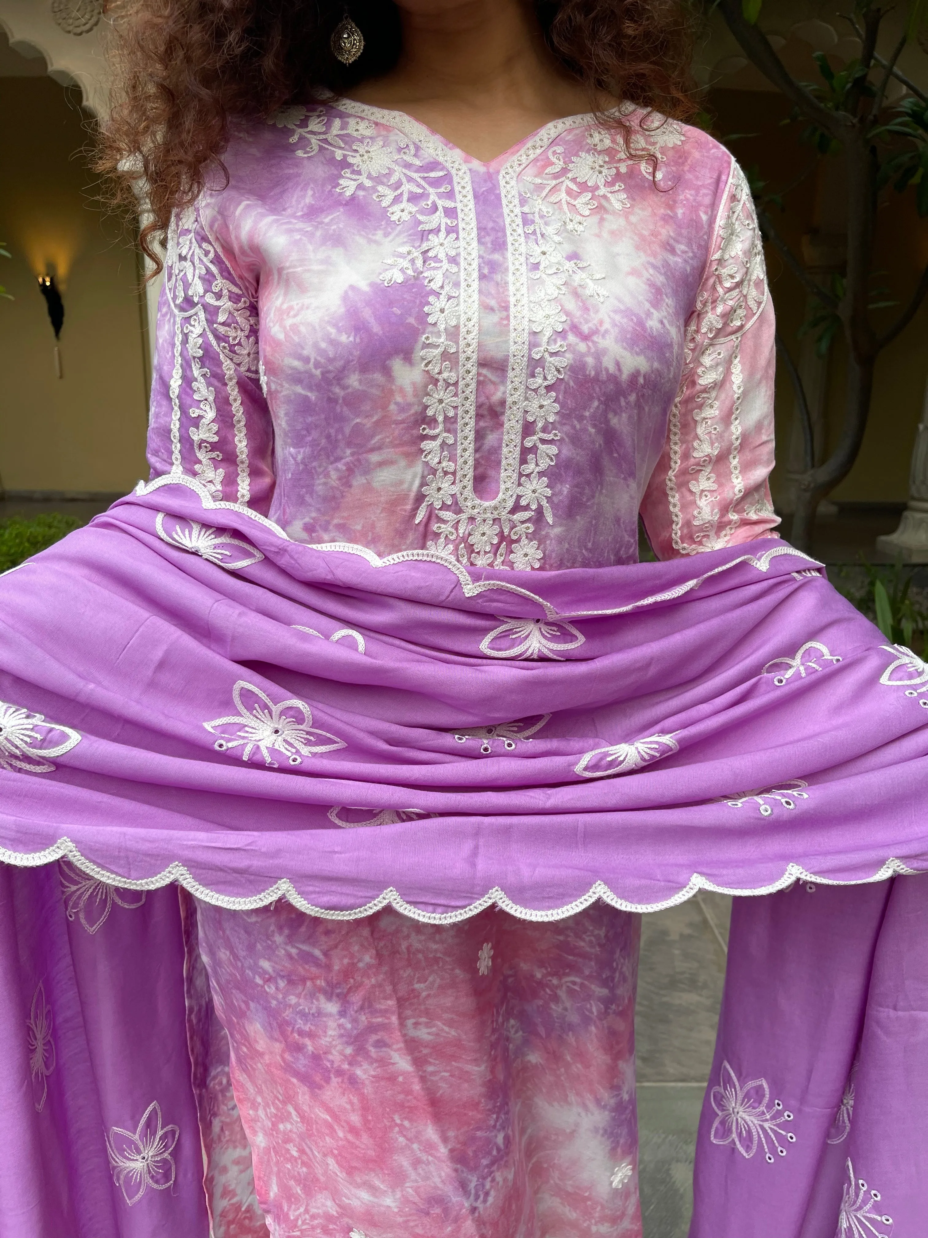 Purple Tie And Dye Lucknowi Kurta Suit Set