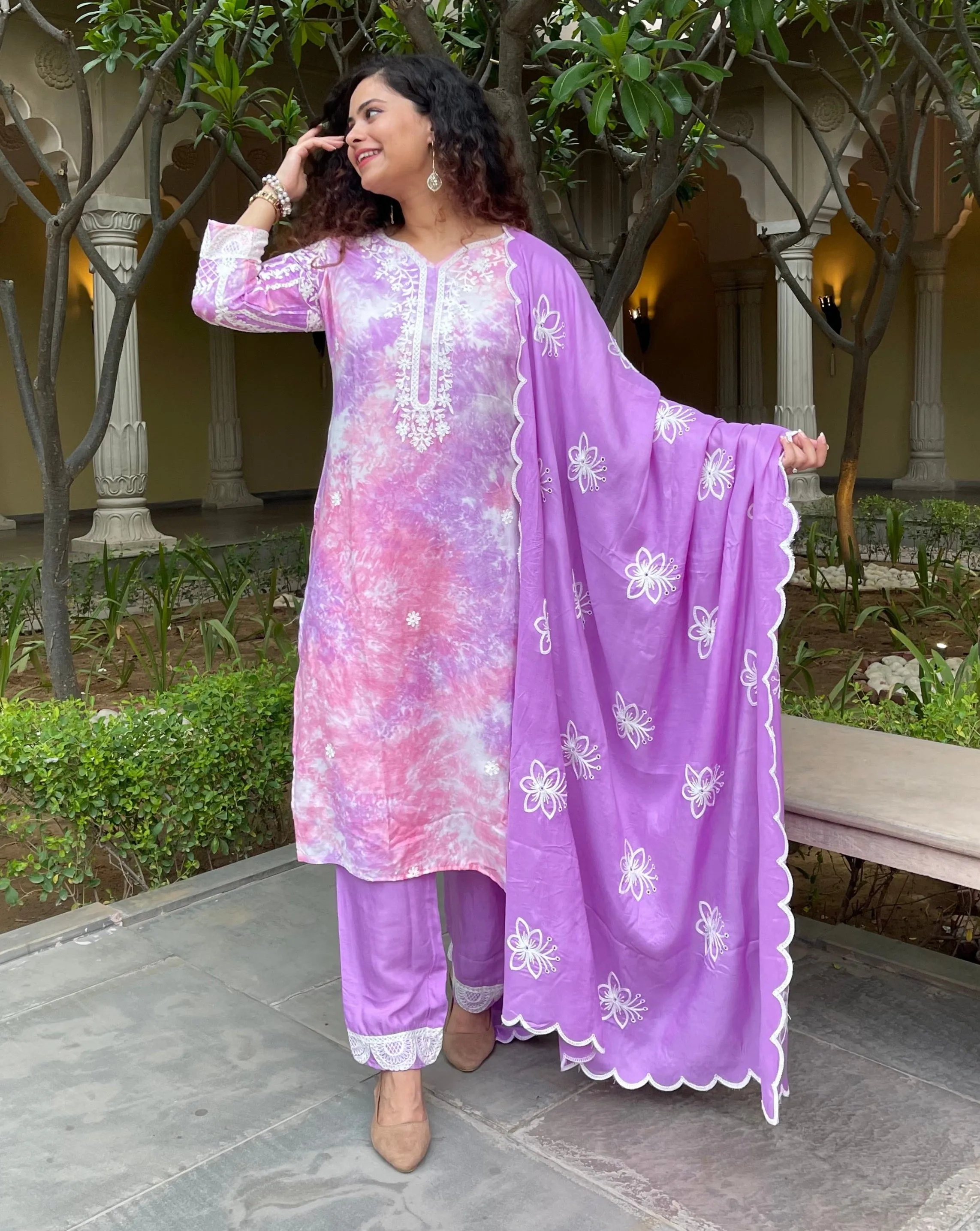 Purple Tie And Dye Lucknowi Kurta Suit Set