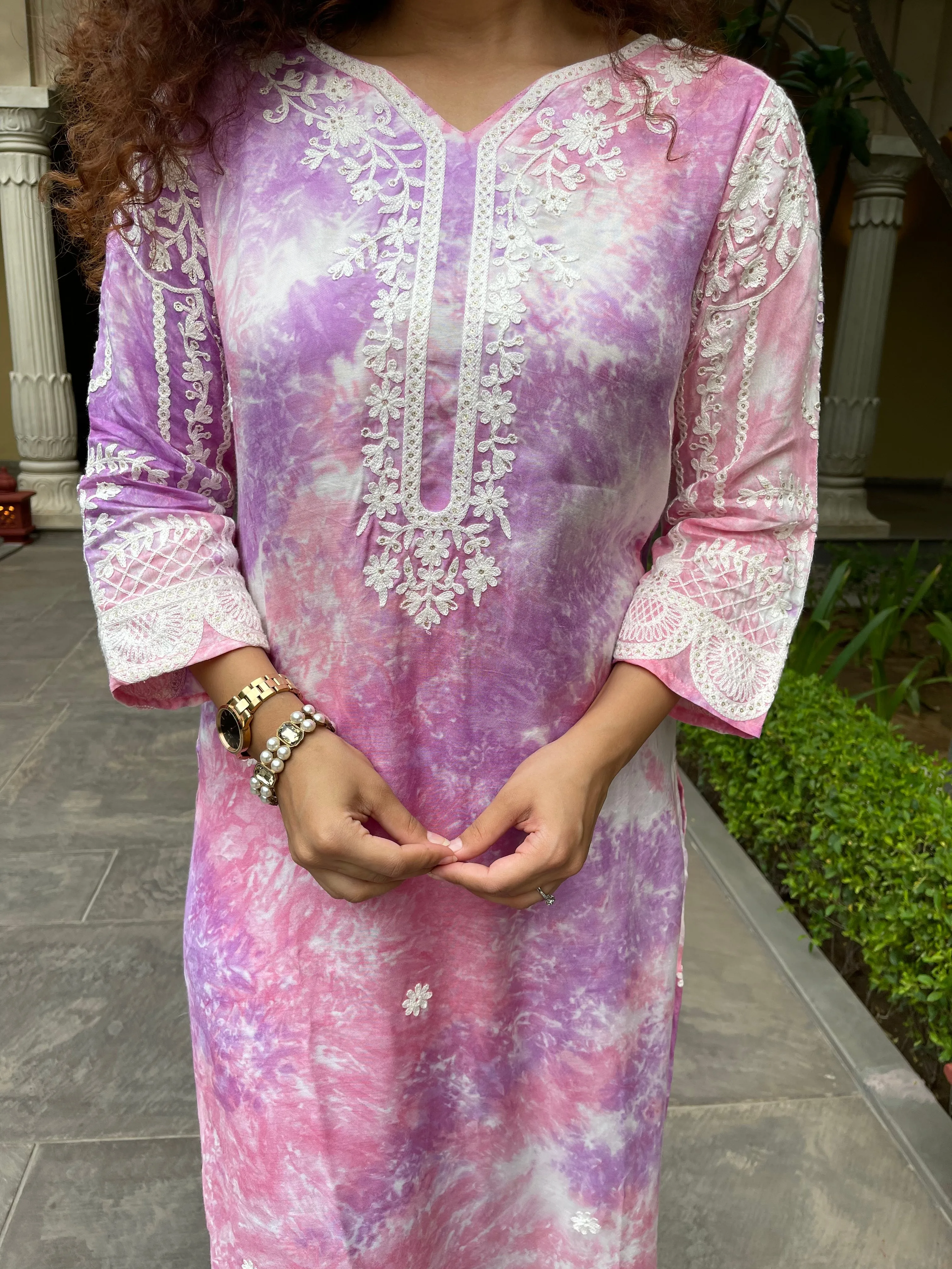 Purple Tie And Dye Lucknowi Kurta Suit Set