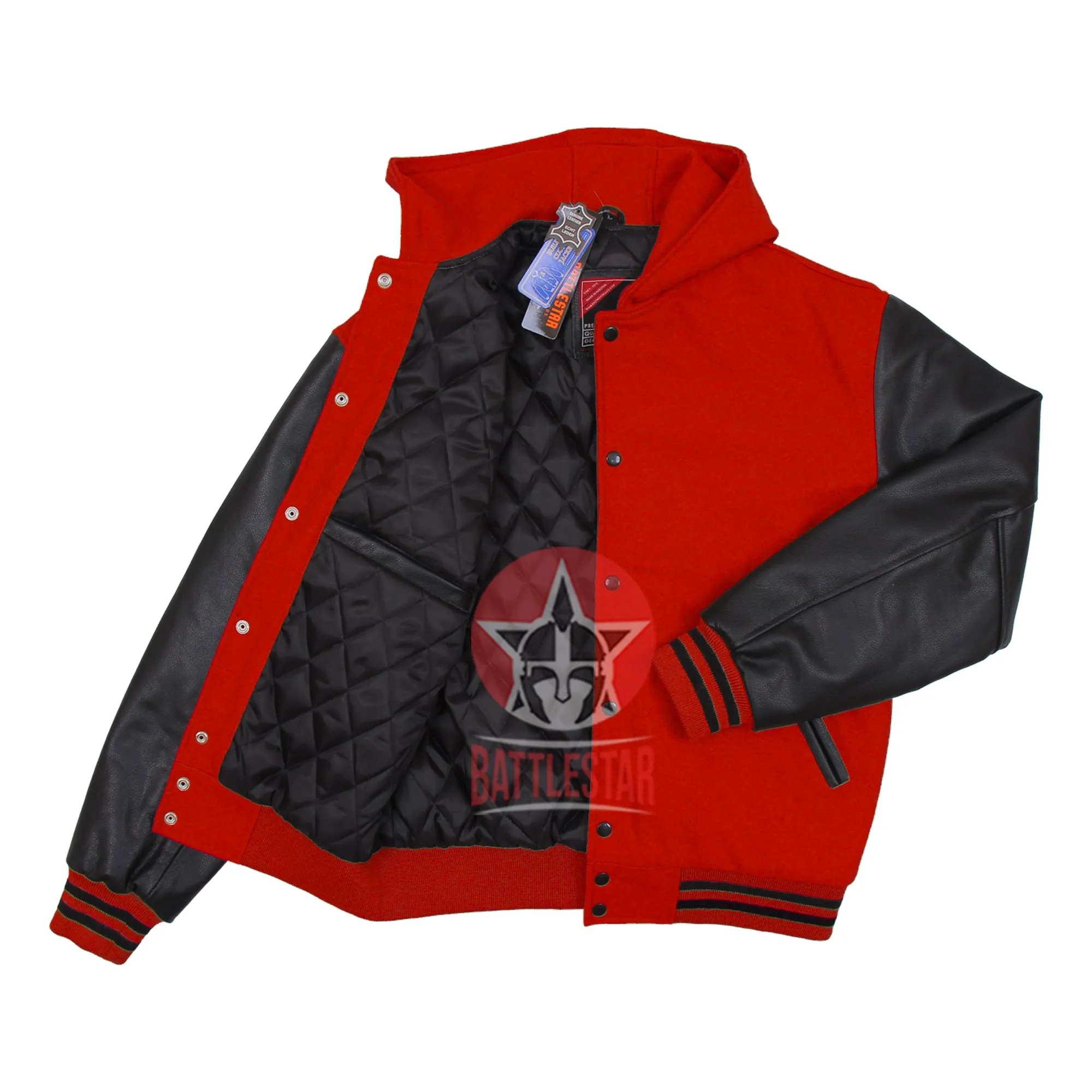 Red Wool Black Leather Hooded Baseball Letterman Varsity Jacket