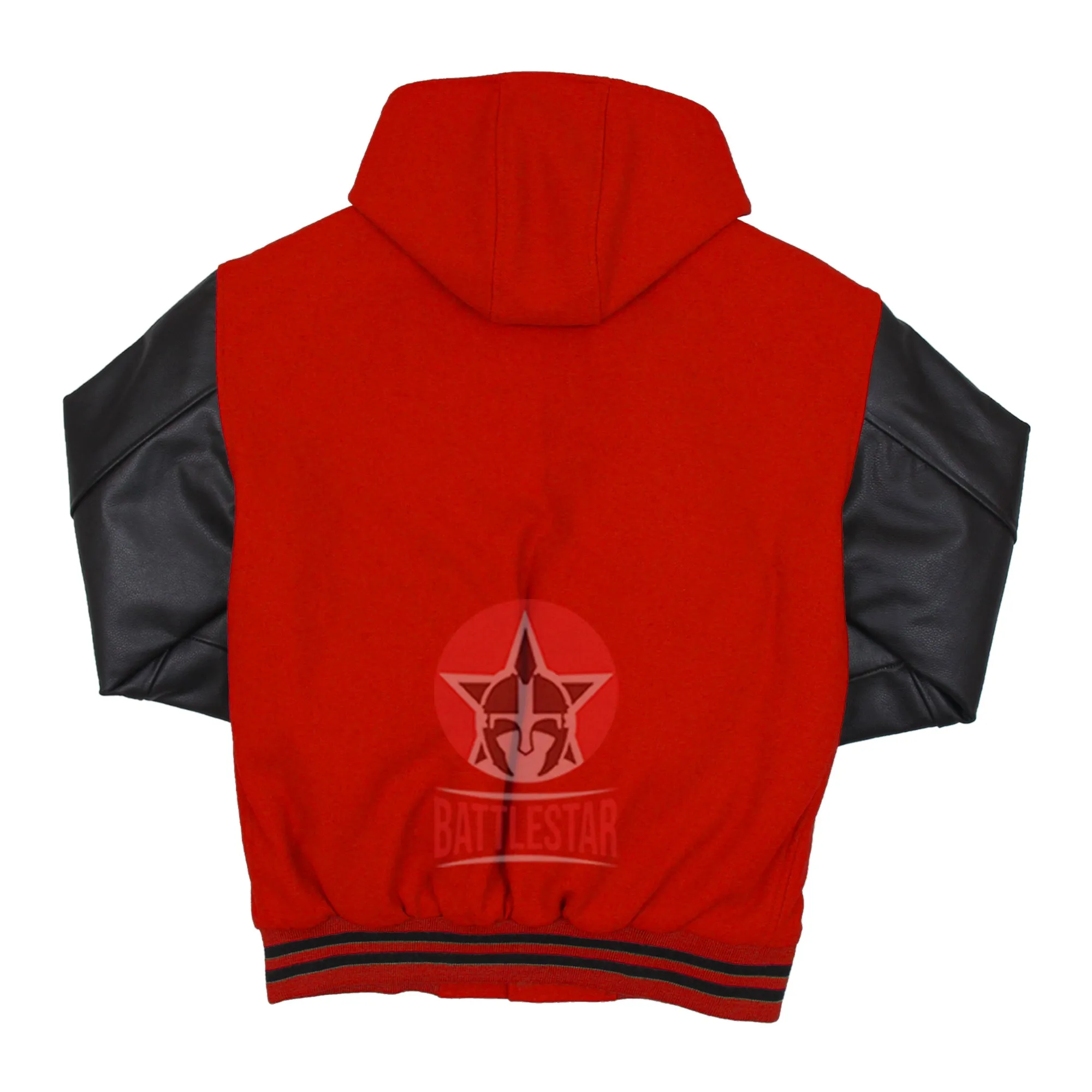 Red Wool Black Leather Hooded Baseball Letterman Varsity Jacket