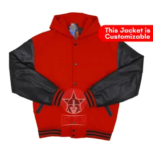 Red Wool Black Leather Hooded Baseball Letterman Varsity Jacket