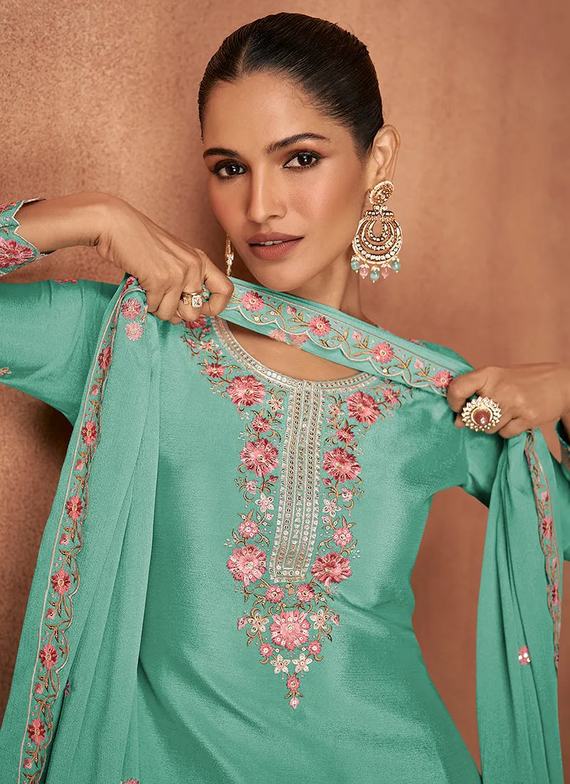 Sea Green Multi Embroidery Party Wear Sharara Suit