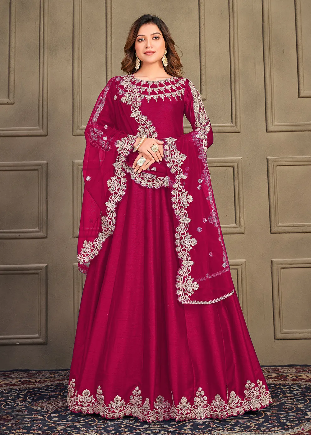 Stylish Pinkish Red Art Silk Floor Length Anarkali Dress